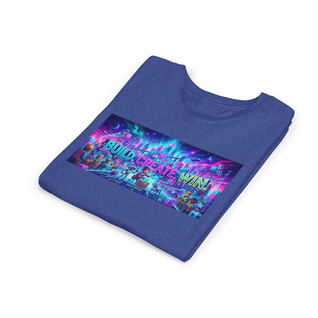 Youth Tee — “BUILD. CREATE. WIN.” Neon Builder City Design