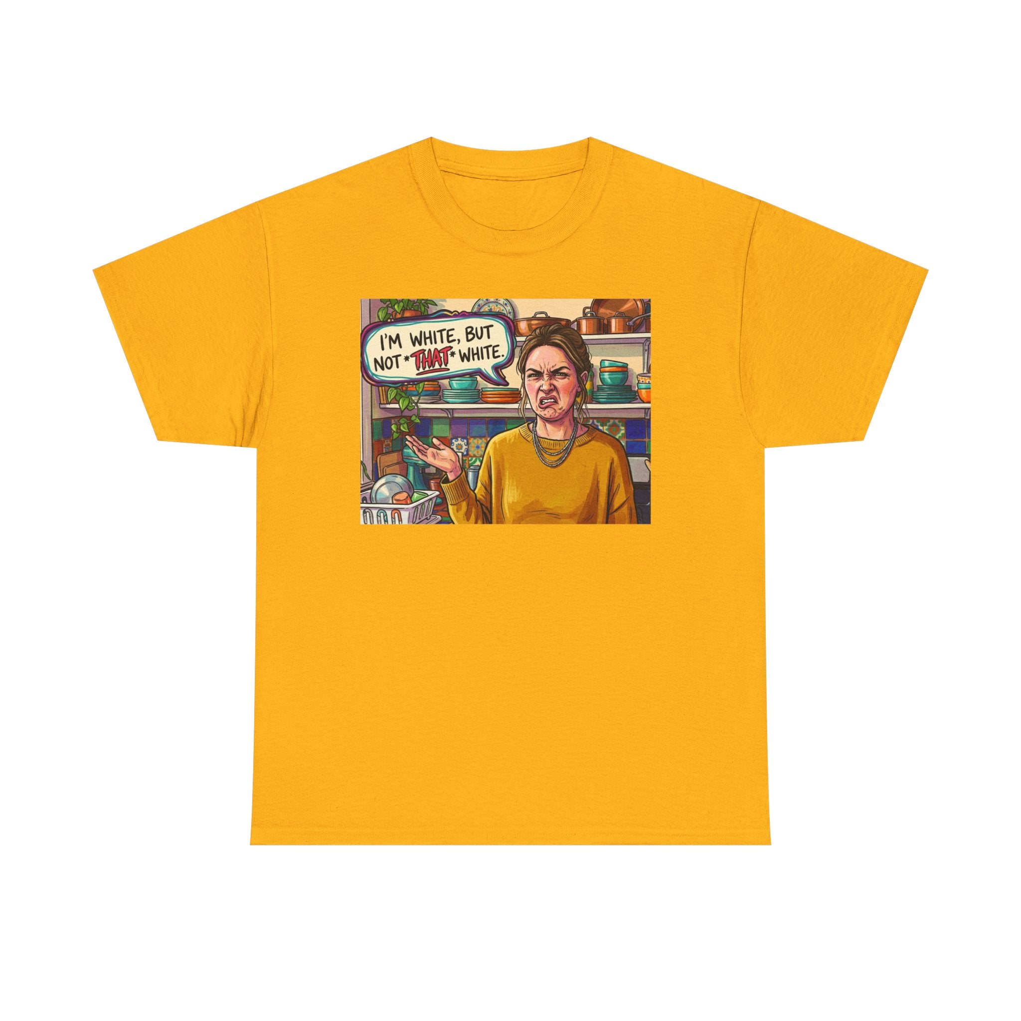 Graphic Tee — "I'm White, But Not THAT White" Illustration with Back Raised Fist Logo