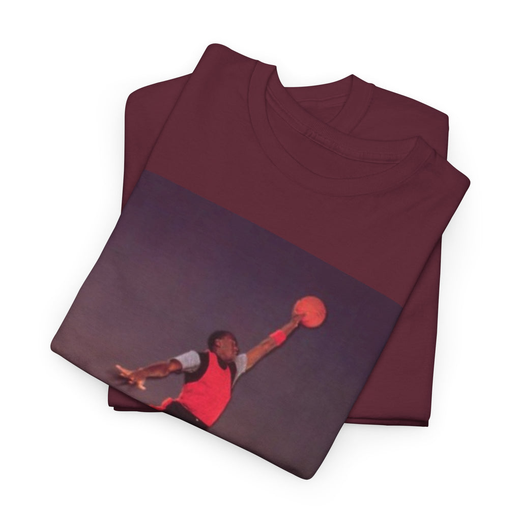 Basketball Jumpman Tee — Retro Skyline Graphic T-Shirt with Red Fist Back Emblem