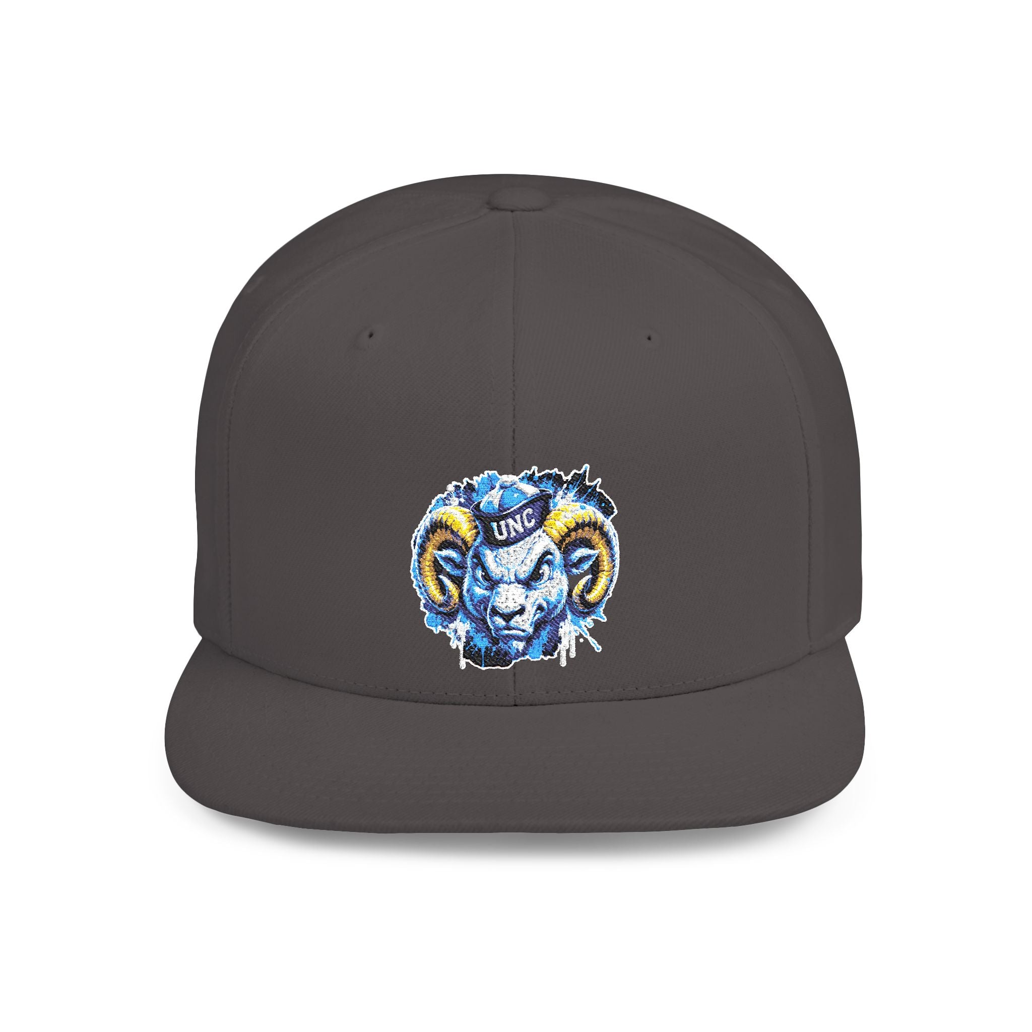 Ram Head Snapback Hat — Blue & Gold Embroidered Flat-Bill Cap