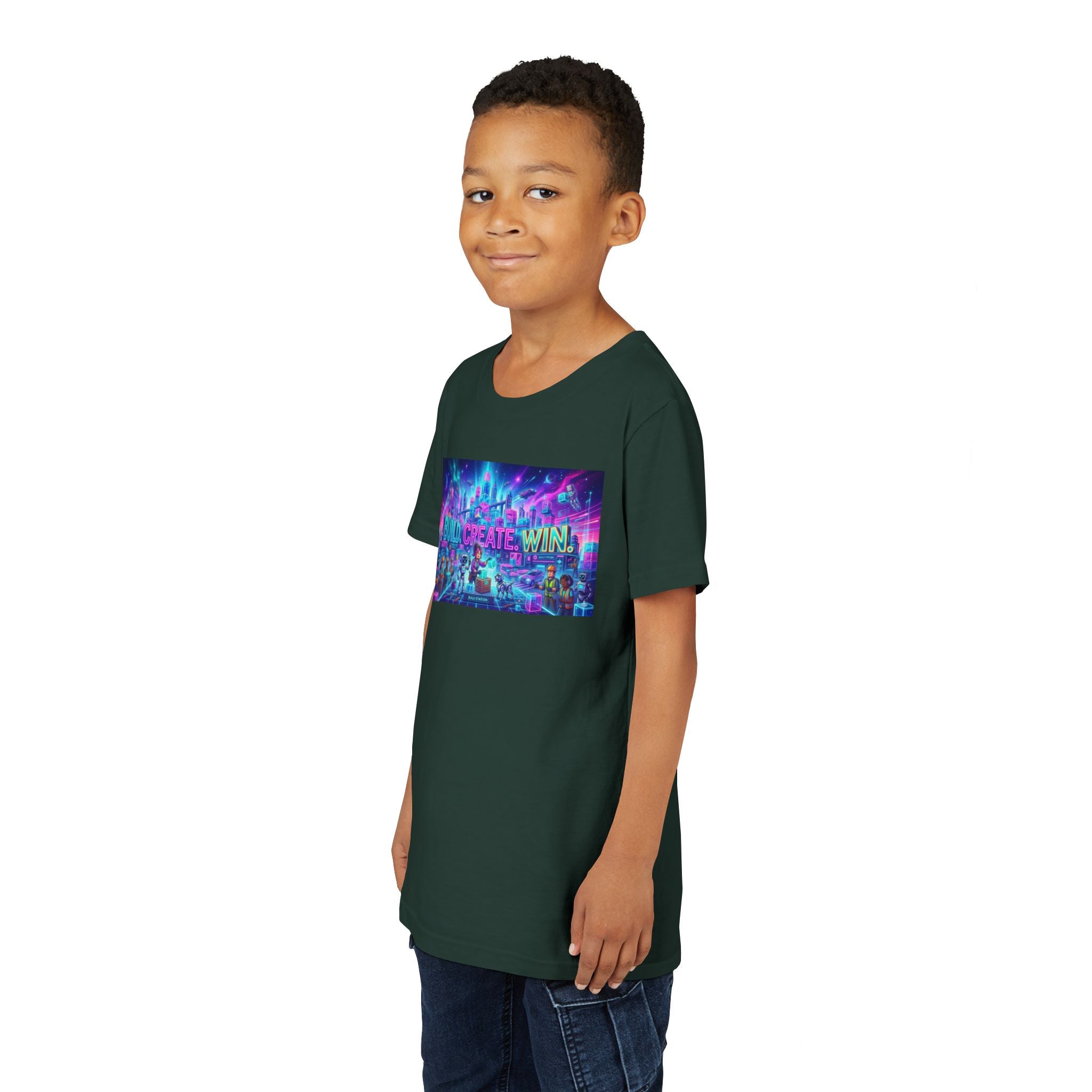 Youth Tee — “BUILD. CREATE. WIN.” Neon Builder City Design