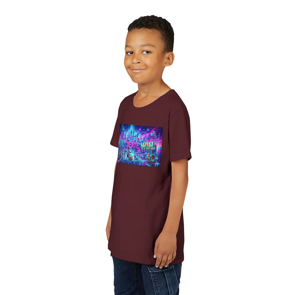 Youth Tee — “BUILD. CREATE. WIN.” Neon Builder City Design