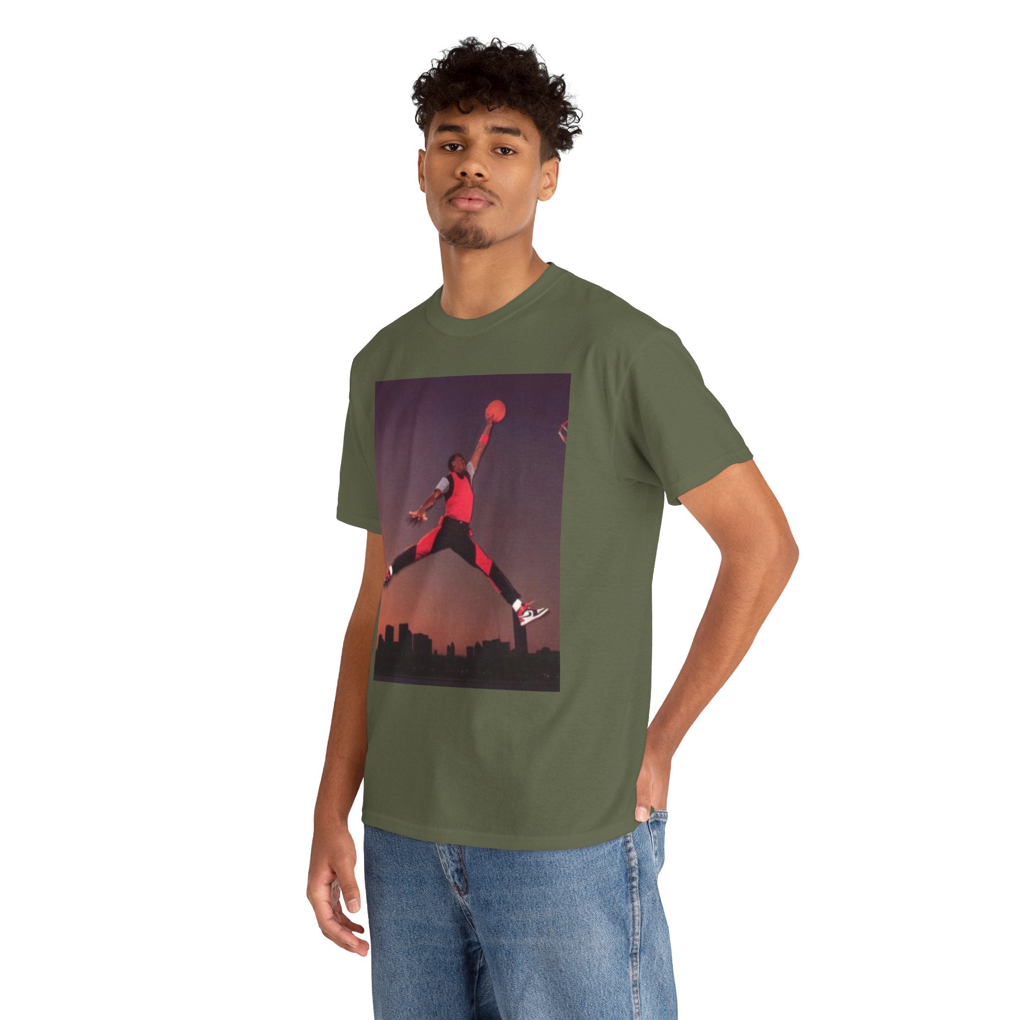 Basketball Jumpman Tee — Retro Skyline Graphic T-Shirt with Red Fist Back Emblem
