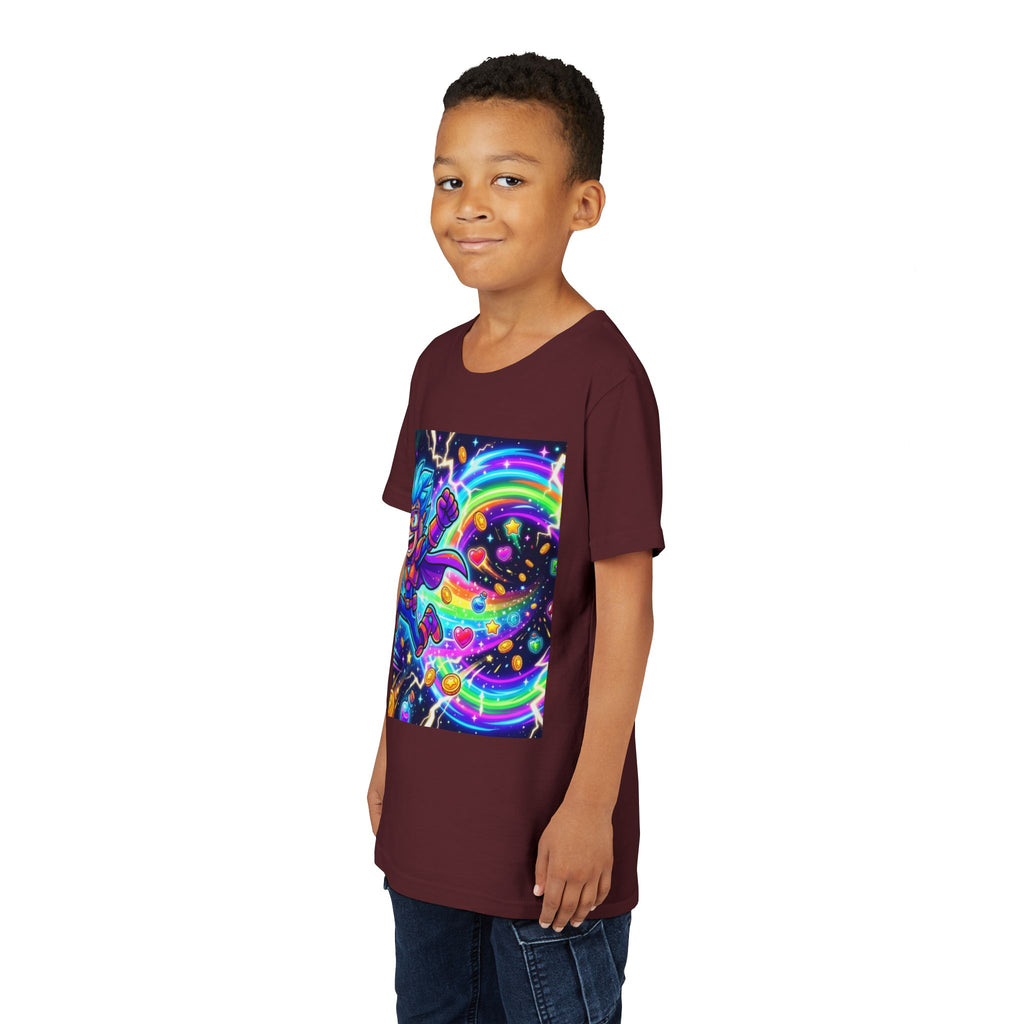 Retro Pixel Explosion Youth Tee — Smiling Avatar, Hearts, Gems & Controllers