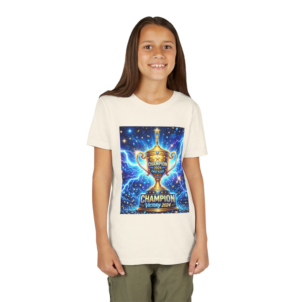 Youth Trophy Lightning Tee — Winning Kids' Short Sleeve Shirt with Stars & Confetti