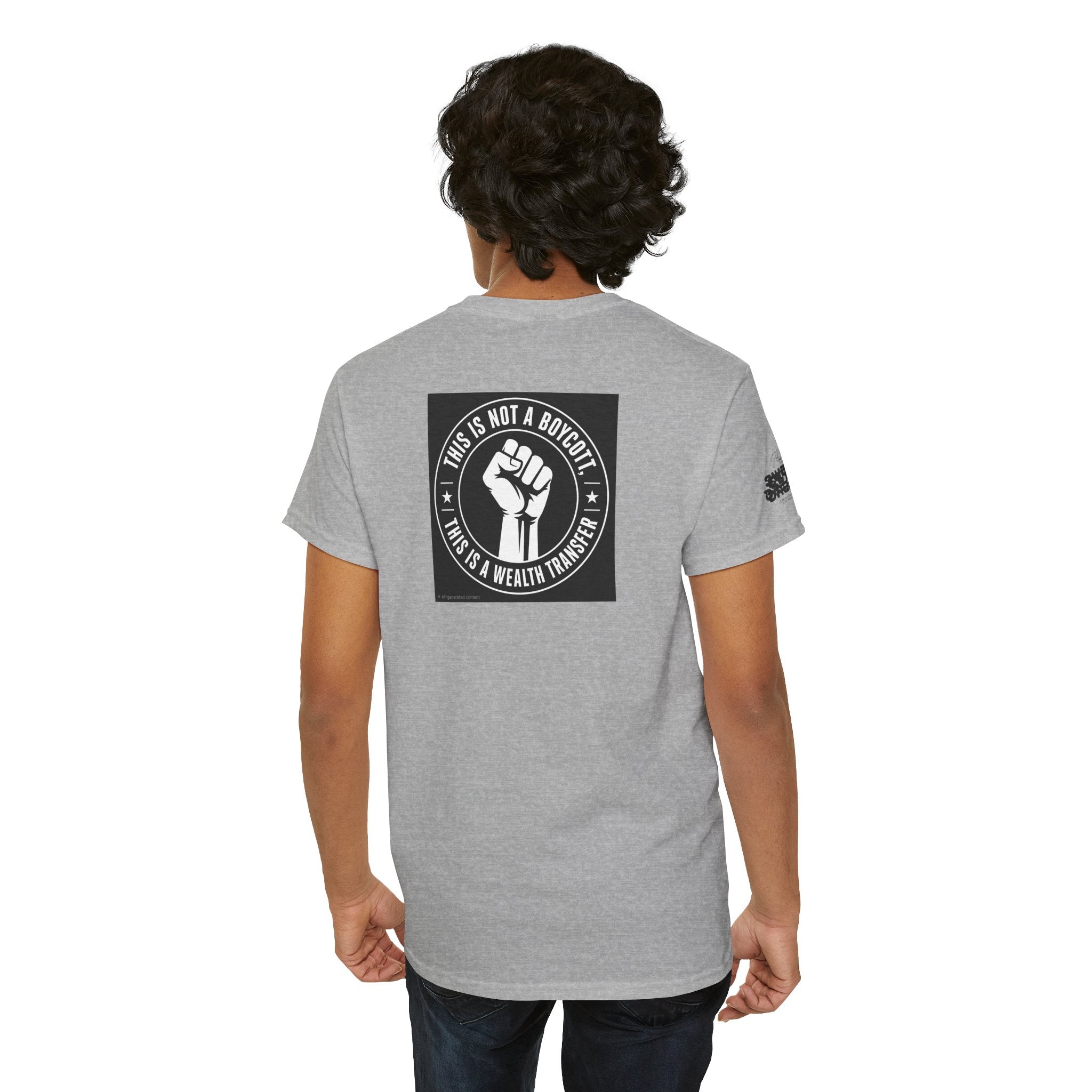 Graphic Tee — 'This Is Not A Boycott, This Is A Wealth Transfer' Back Print with Reading Child Artwork