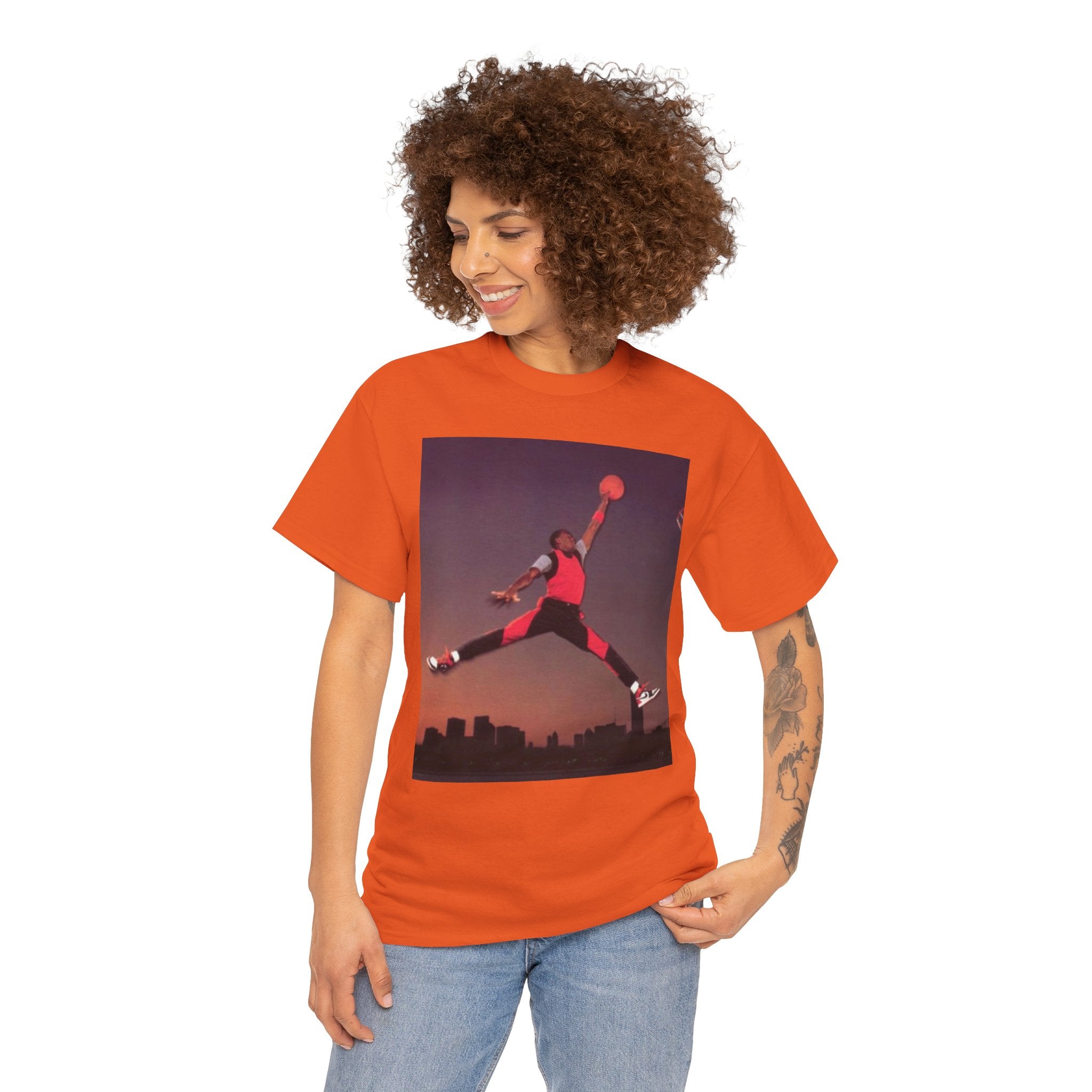 Basketball Jumpman Tee — Retro Skyline Graphic T-Shirt with Red Fist Back Emblem
