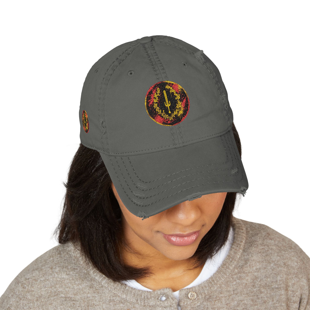 Distressed Embroidered Dad Hat — Vintage Flame Crest Cap