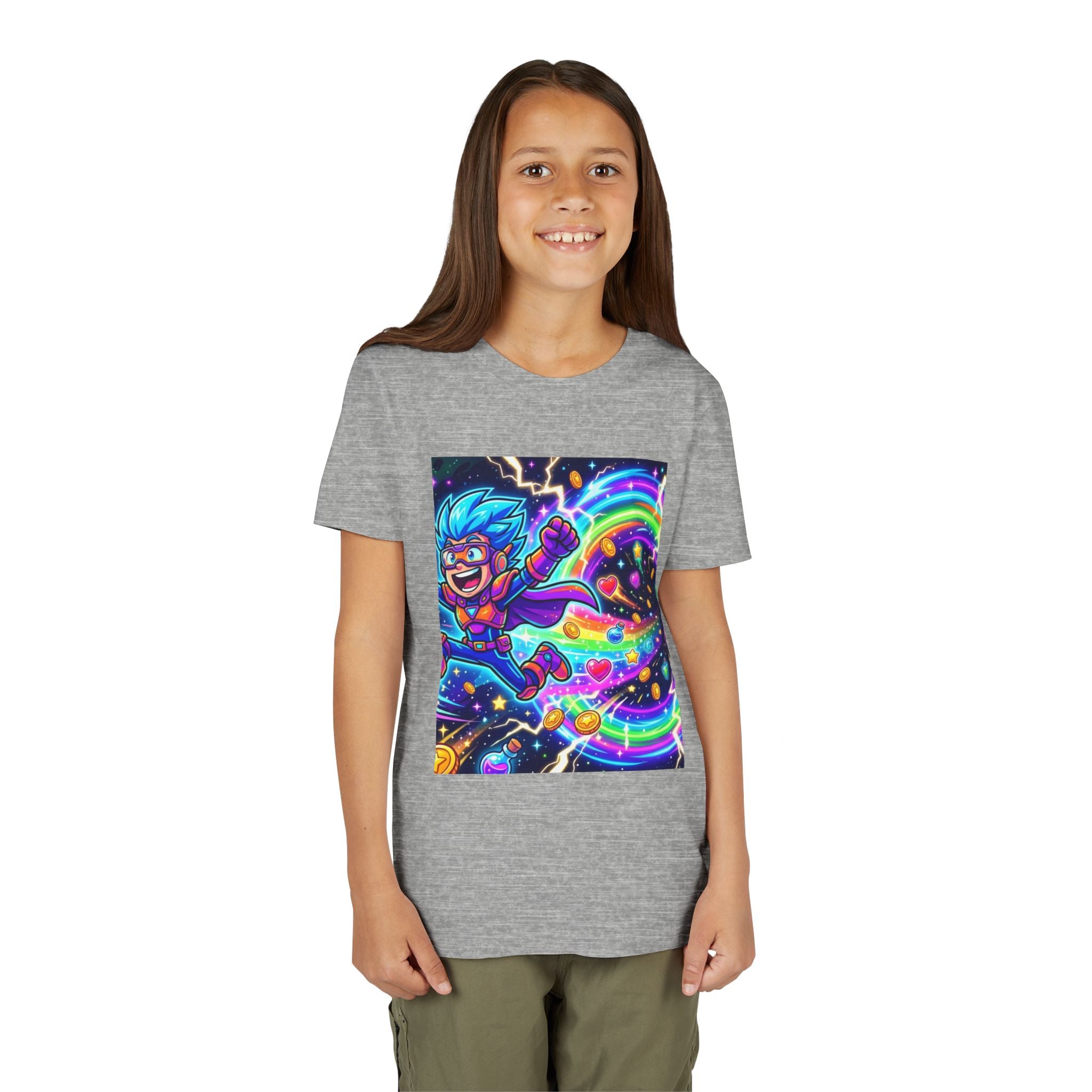Retro Pixel Explosion Youth Tee — Smiling Avatar, Hearts, Gems & Controllers