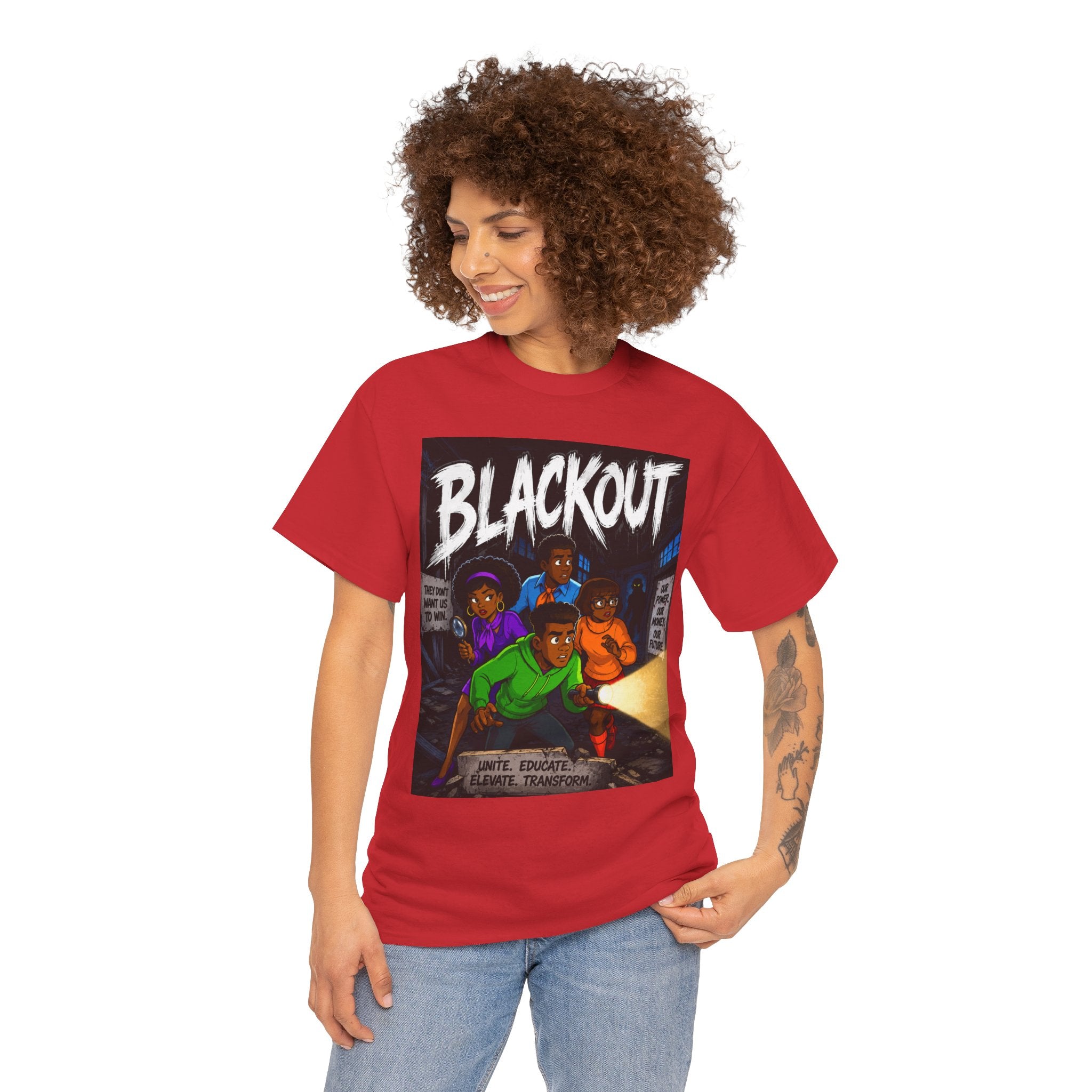 Blackout Graphic Tee — Urban Comic Poster Design with Back Fist Logo