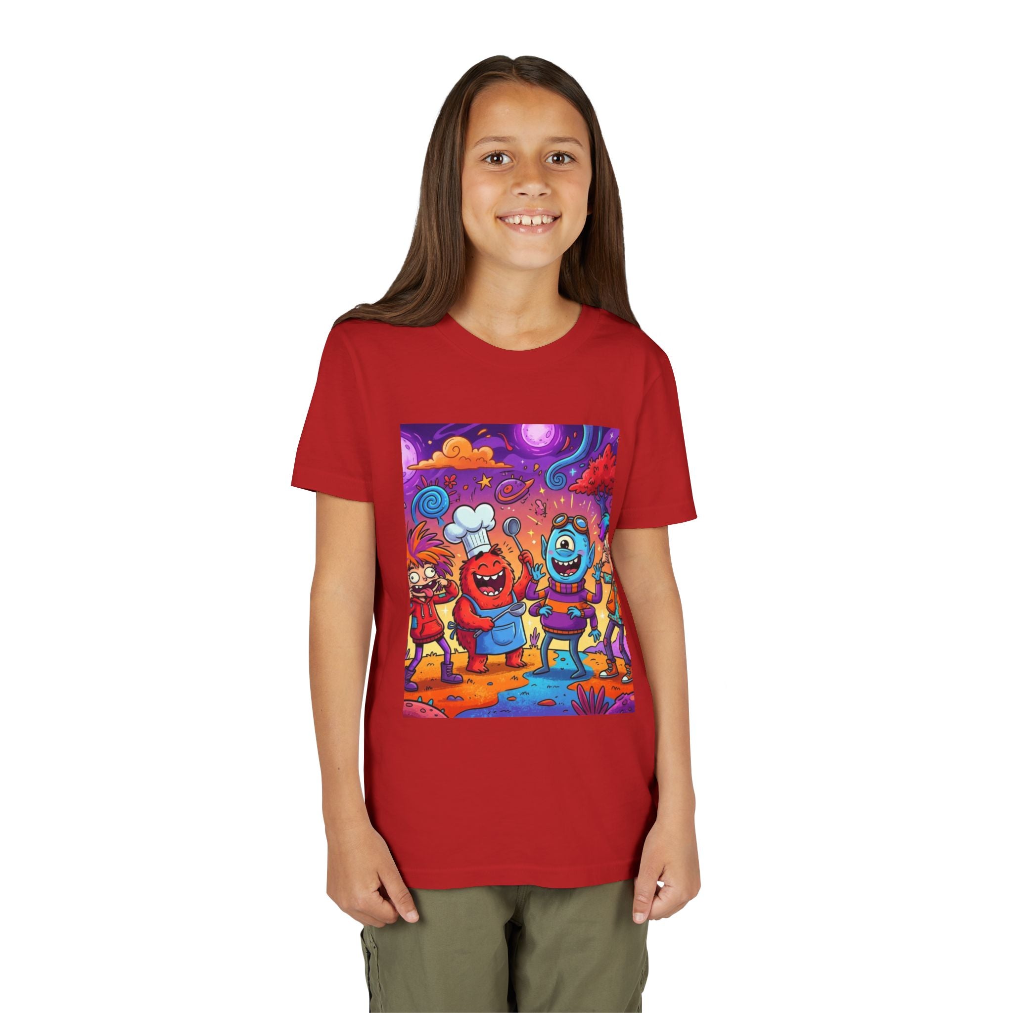 Funny Character Crew Youth Tee — Colorful Crazy Faces Graphic