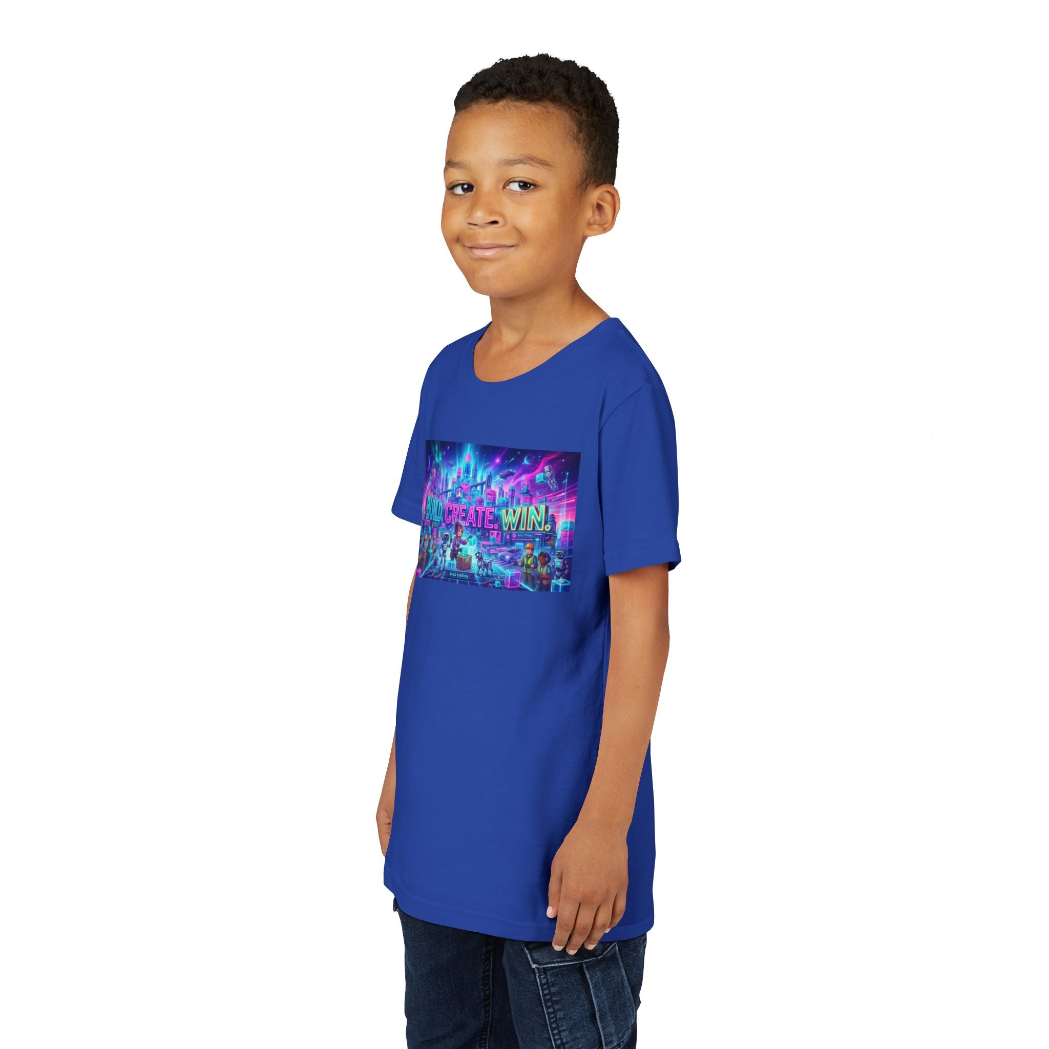 Youth Tee — “BUILD. CREATE. WIN.” Neon Builder City Design