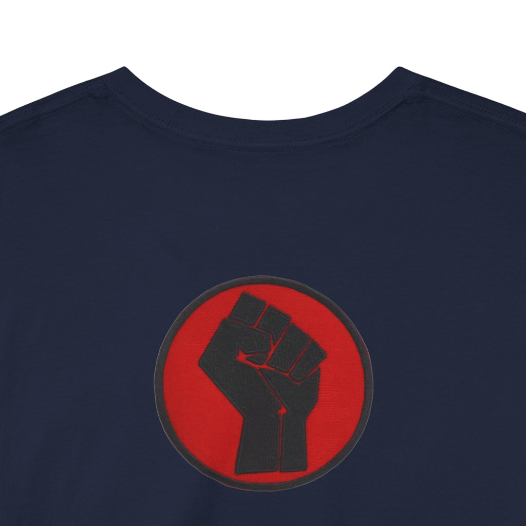 Basketball Jumpman Tee — Retro Skyline Graphic T-Shirt with Red Fist Back Emblem