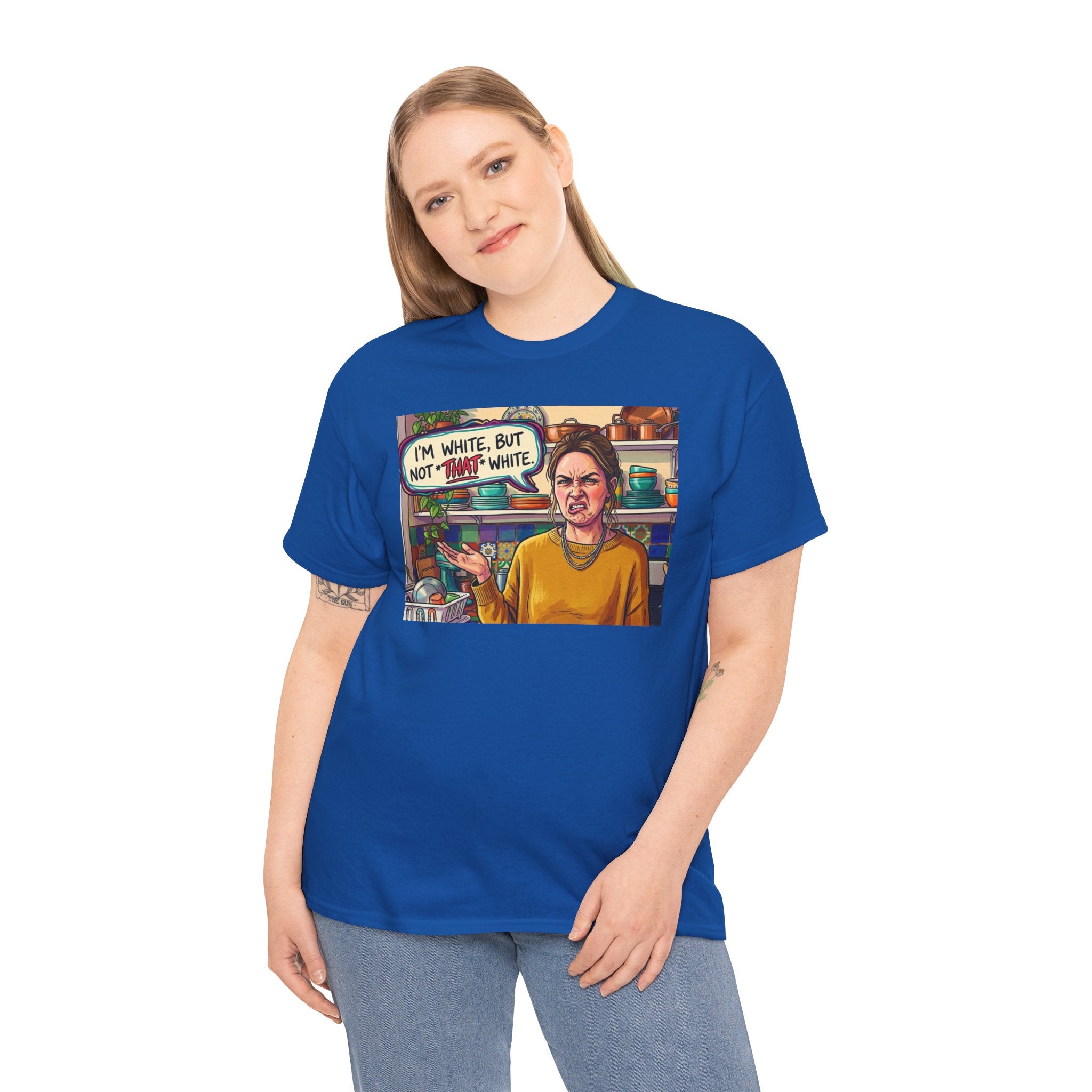 Graphic Tee — "I'm White, But Not THAT White" Illustration with Back Raised Fist Logo