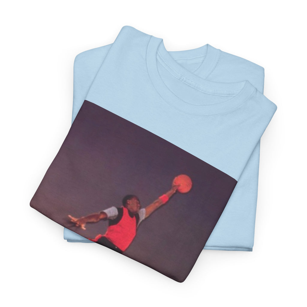 Basketball Jumpman Tee — Retro Skyline Graphic T-Shirt with Red Fist Back Emblem