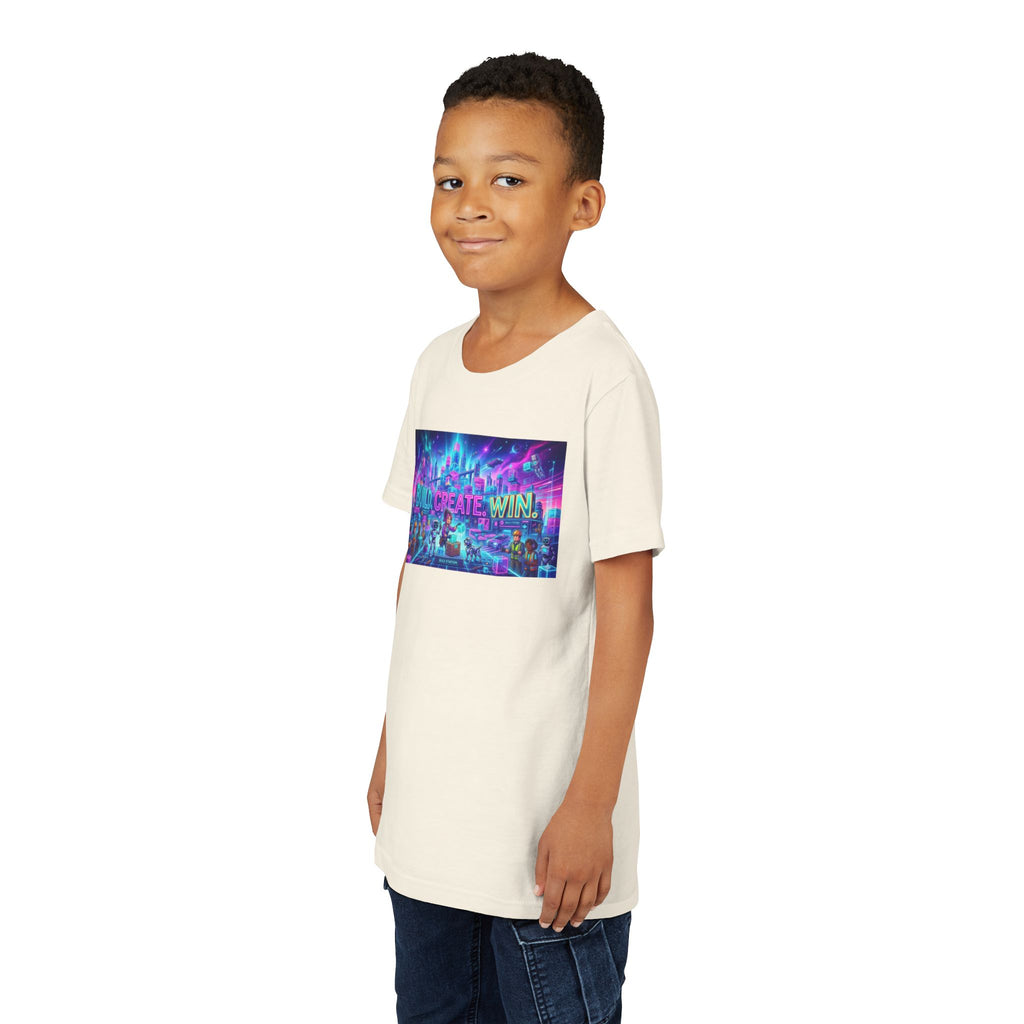 Youth Tee — “BUILD. CREATE. WIN.” Neon Builder City Design