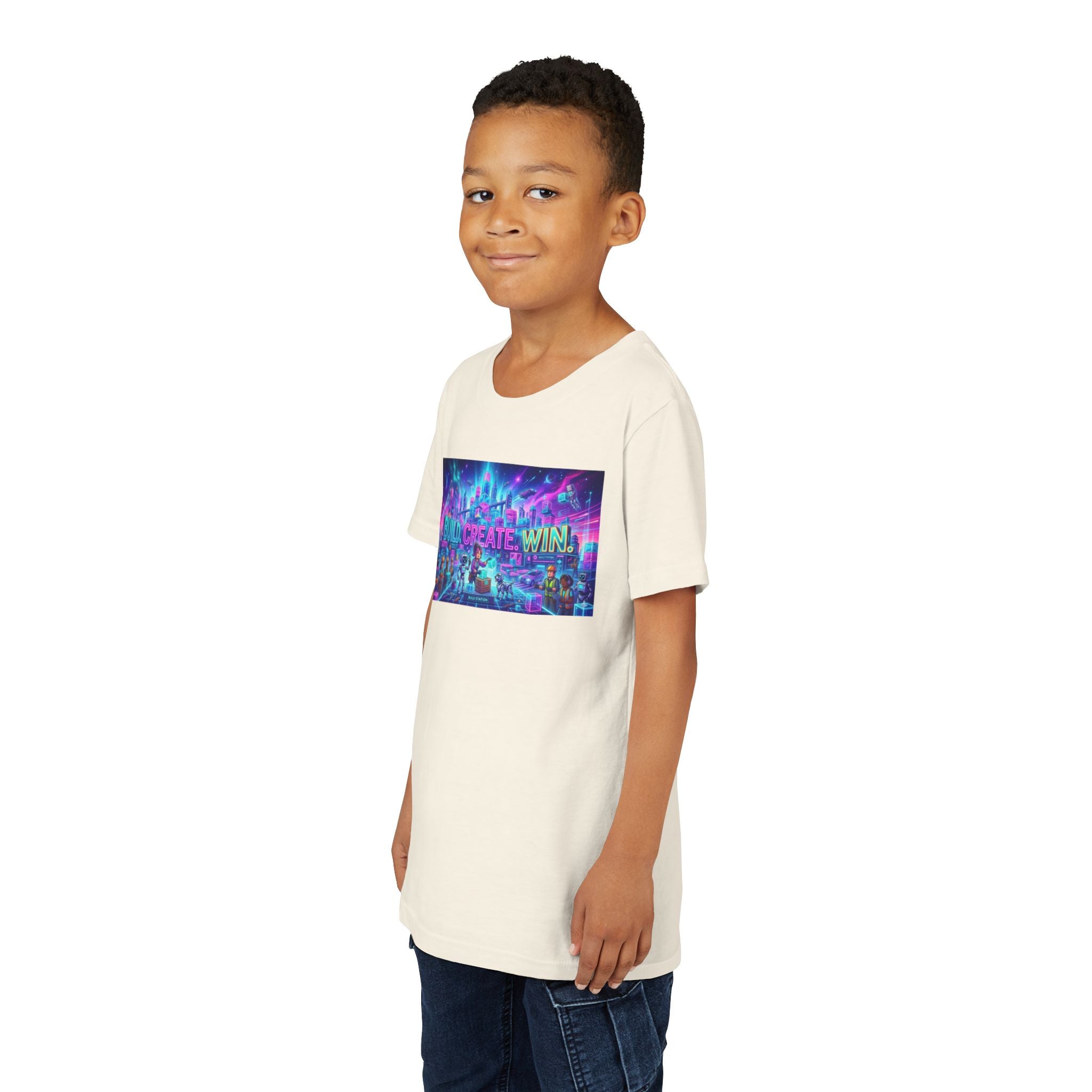 Youth Tee — “BUILD. CREATE. WIN.” Neon Builder City Design
