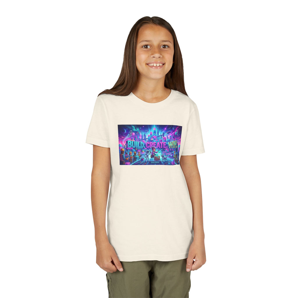 Youth Tee — “BUILD. CREATE. WIN.” Neon Builder City Design