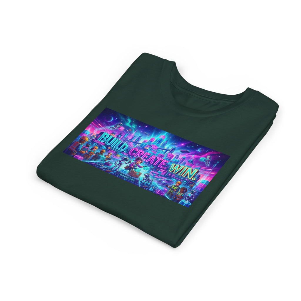 Youth Tee — “BUILD. CREATE. WIN.” Neon Builder City Design
