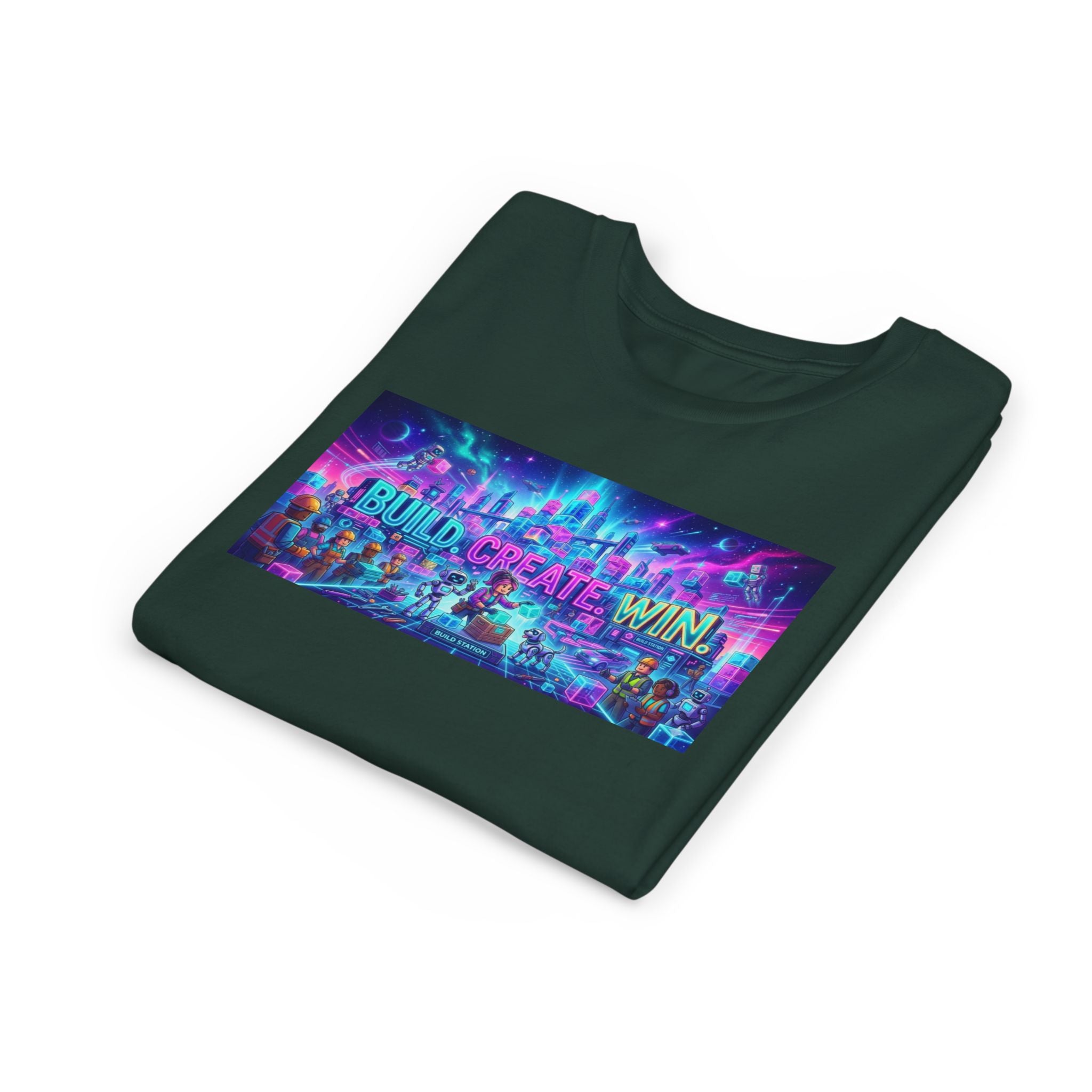 Youth Tee — “BUILD. CREATE. WIN.” Neon Builder City Design