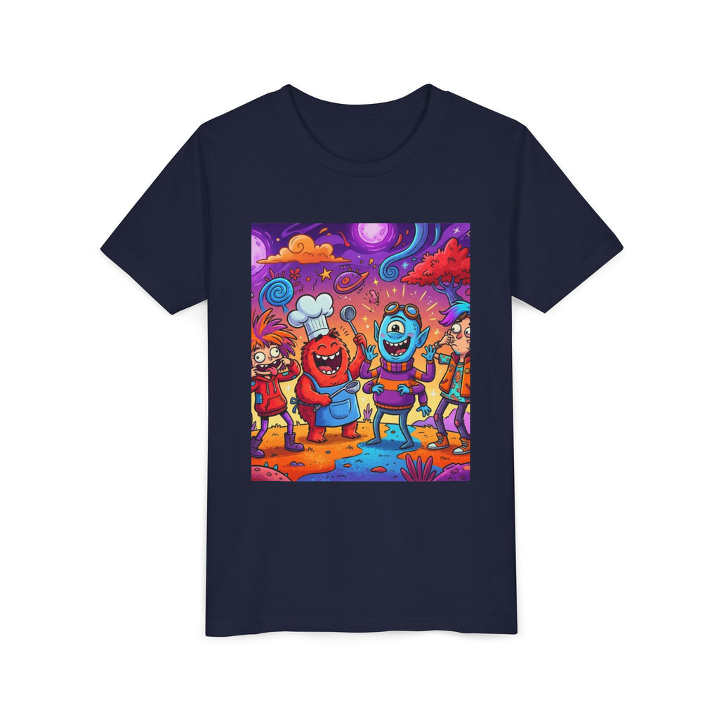 Funny Character Crew Youth Tee — Colorful Crazy Faces Graphic