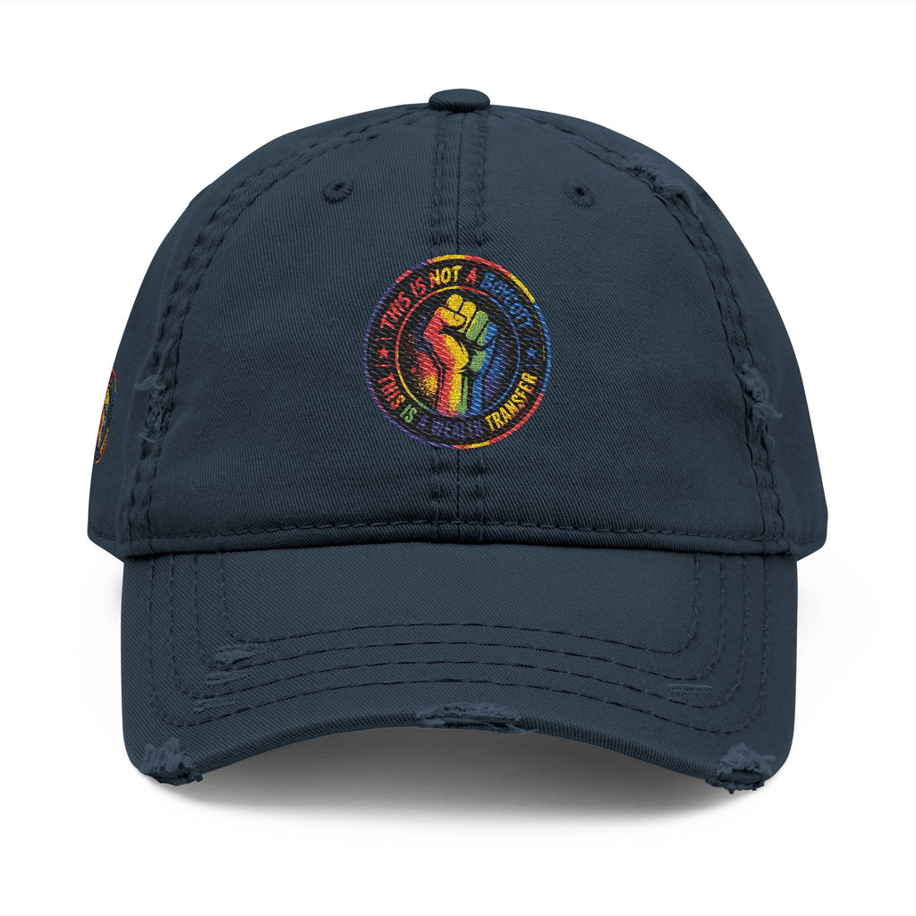 Distressed Embroidered Dad Hat — Retro Rainbow Fist & Smiley Daisy Cap