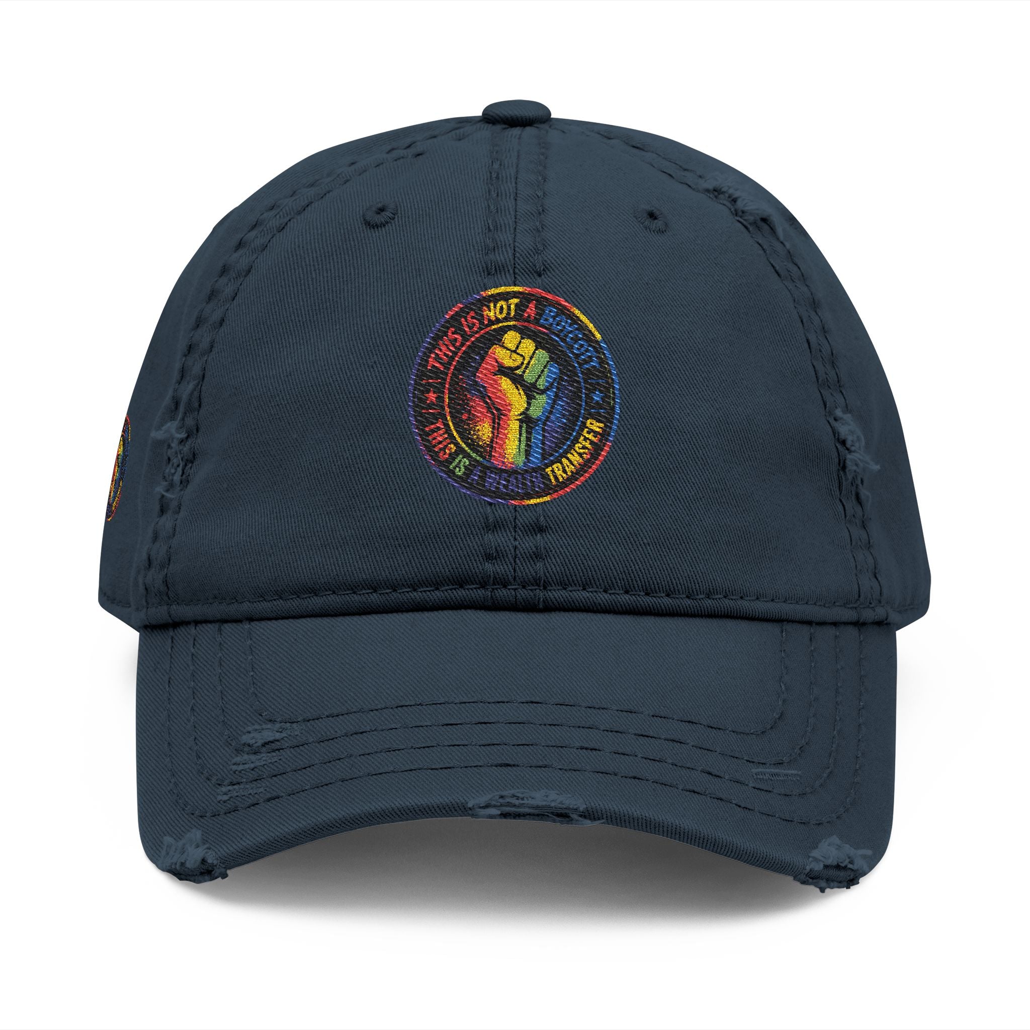 Distressed Embroidered Dad Hat — Retro Rainbow Fist & Smiley Daisy Cap