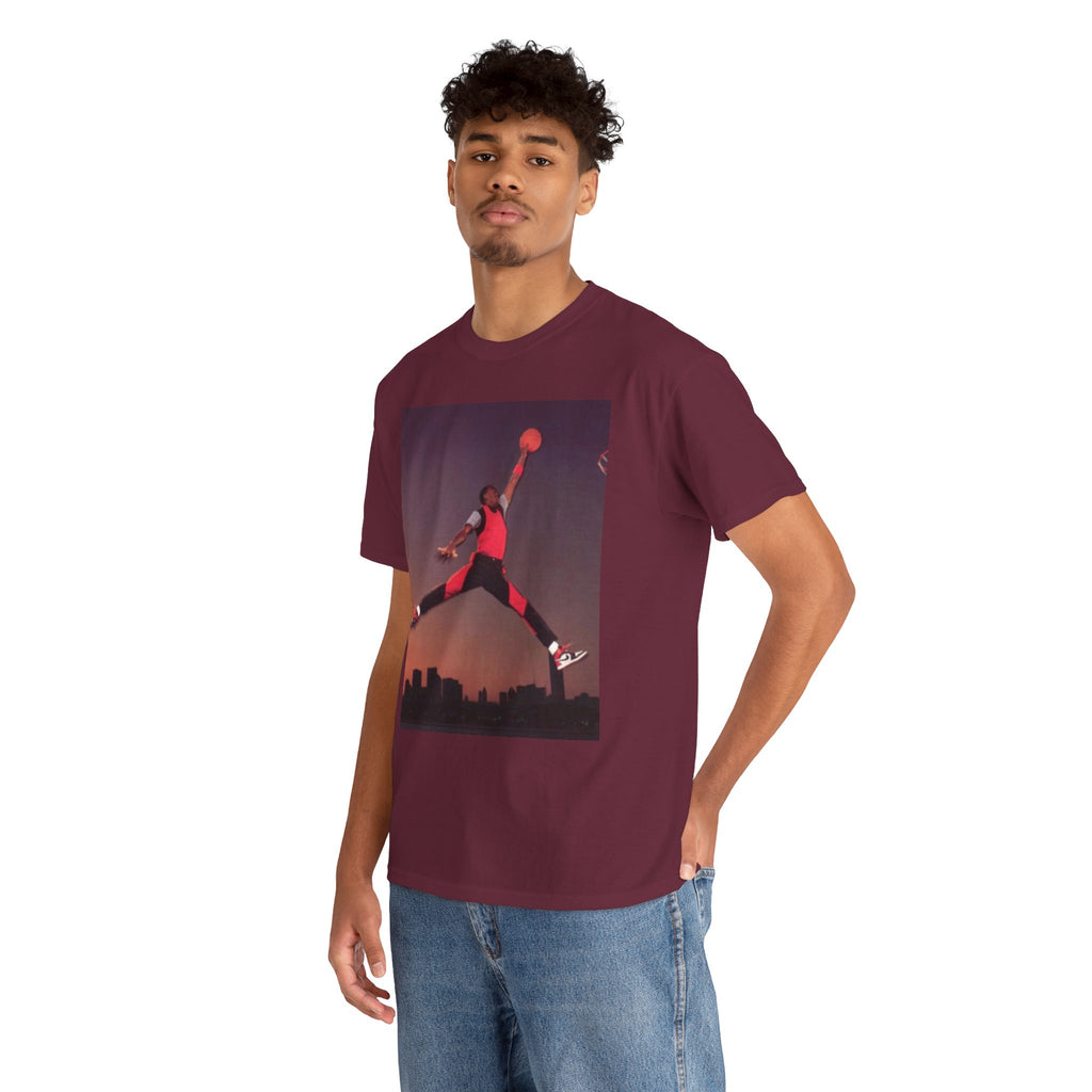 Basketball Jumpman Tee — Retro Skyline Graphic T-Shirt with Red Fist Back Emblem