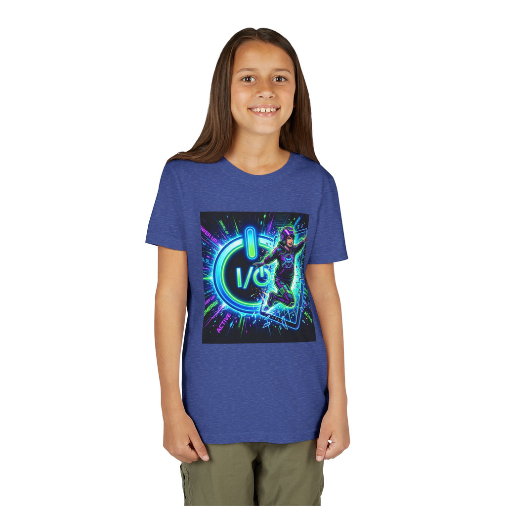 Neon Power Button Tee — Gamer Screen Escape Youth T-Shirt