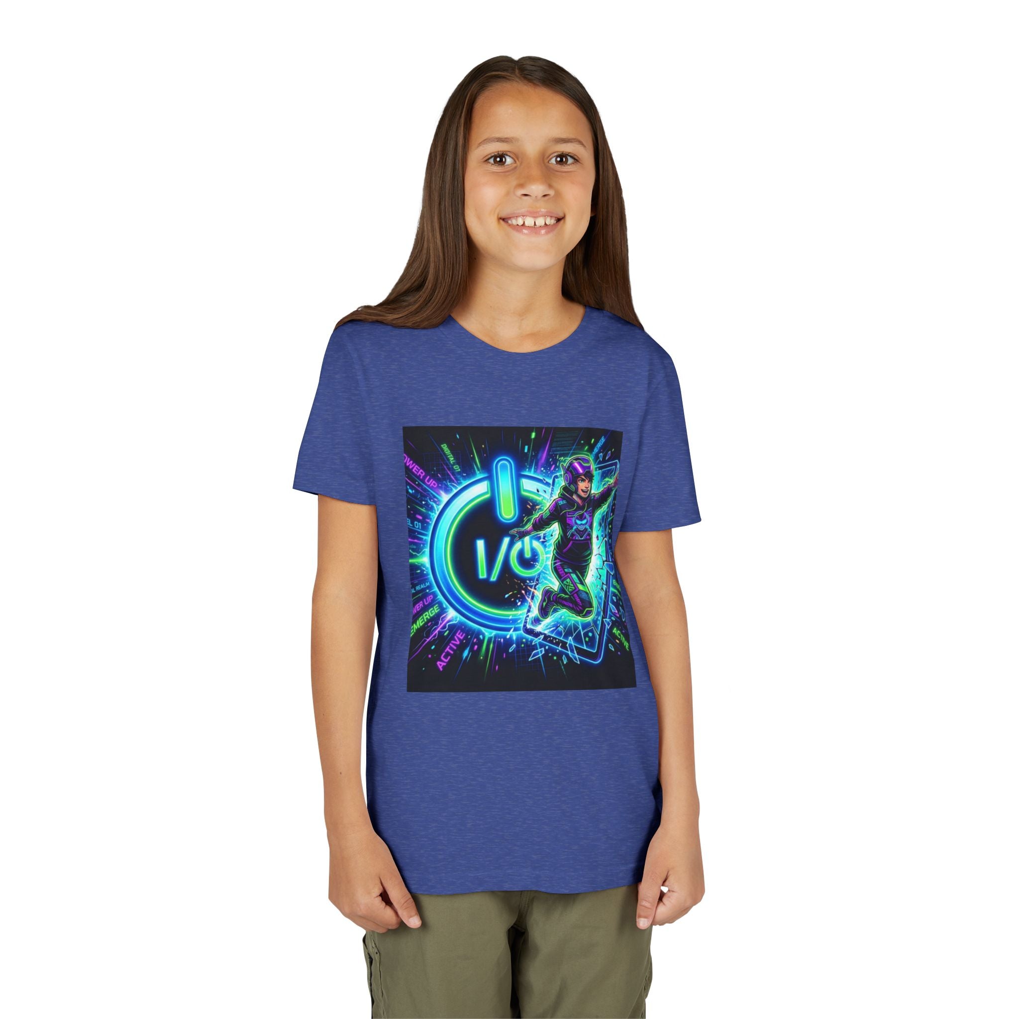 Neon Power Button Tee — Gamer Screen Escape Youth T-Shirt