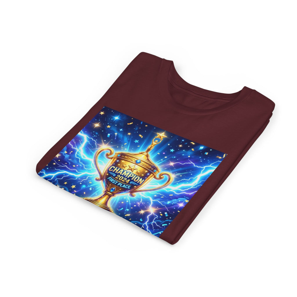 Youth Trophy Lightning Tee — Winning Kids' Short Sleeve Shirt with Stars & Confetti