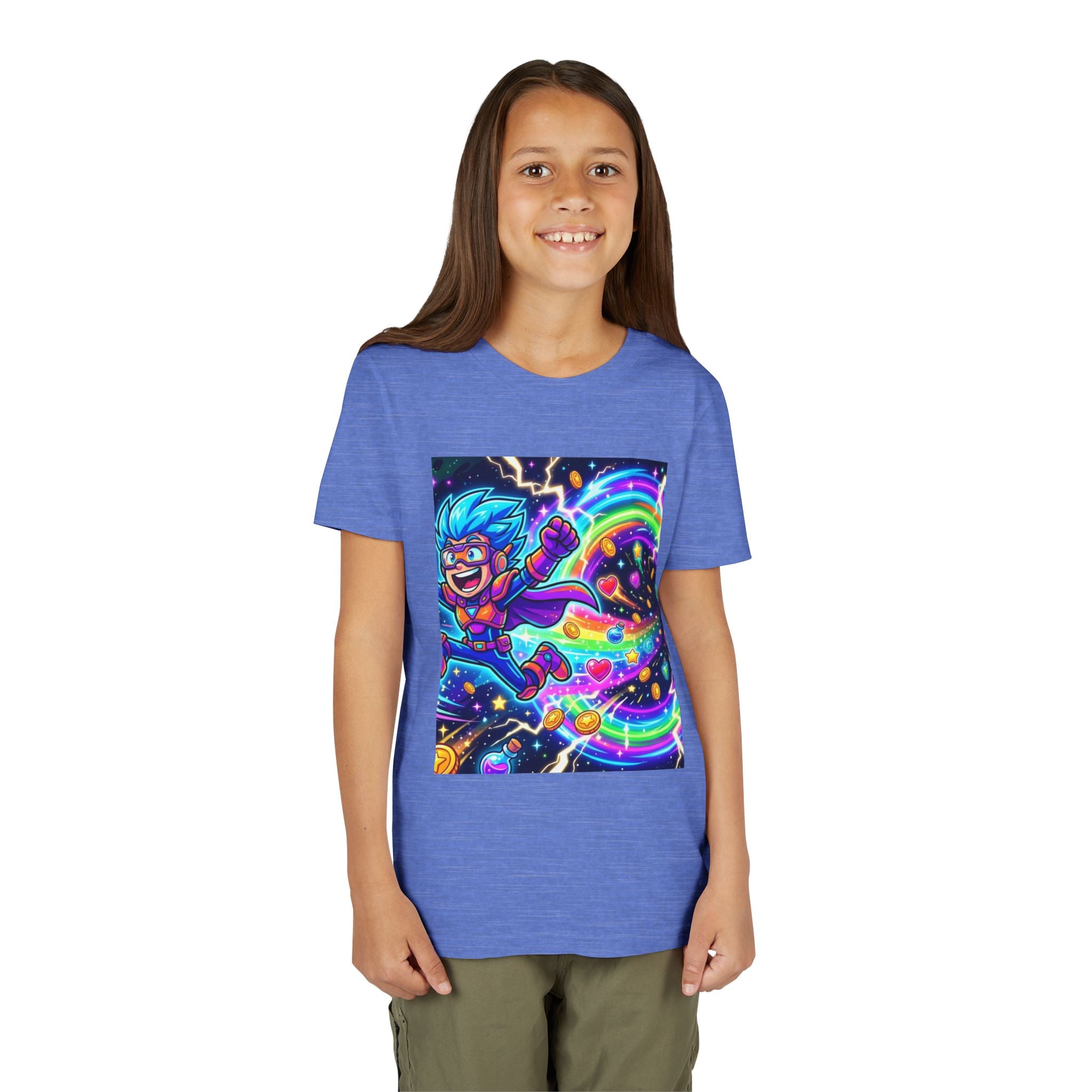 Retro Pixel Explosion Youth Tee — Smiling Avatar, Hearts, Gems & Controllers