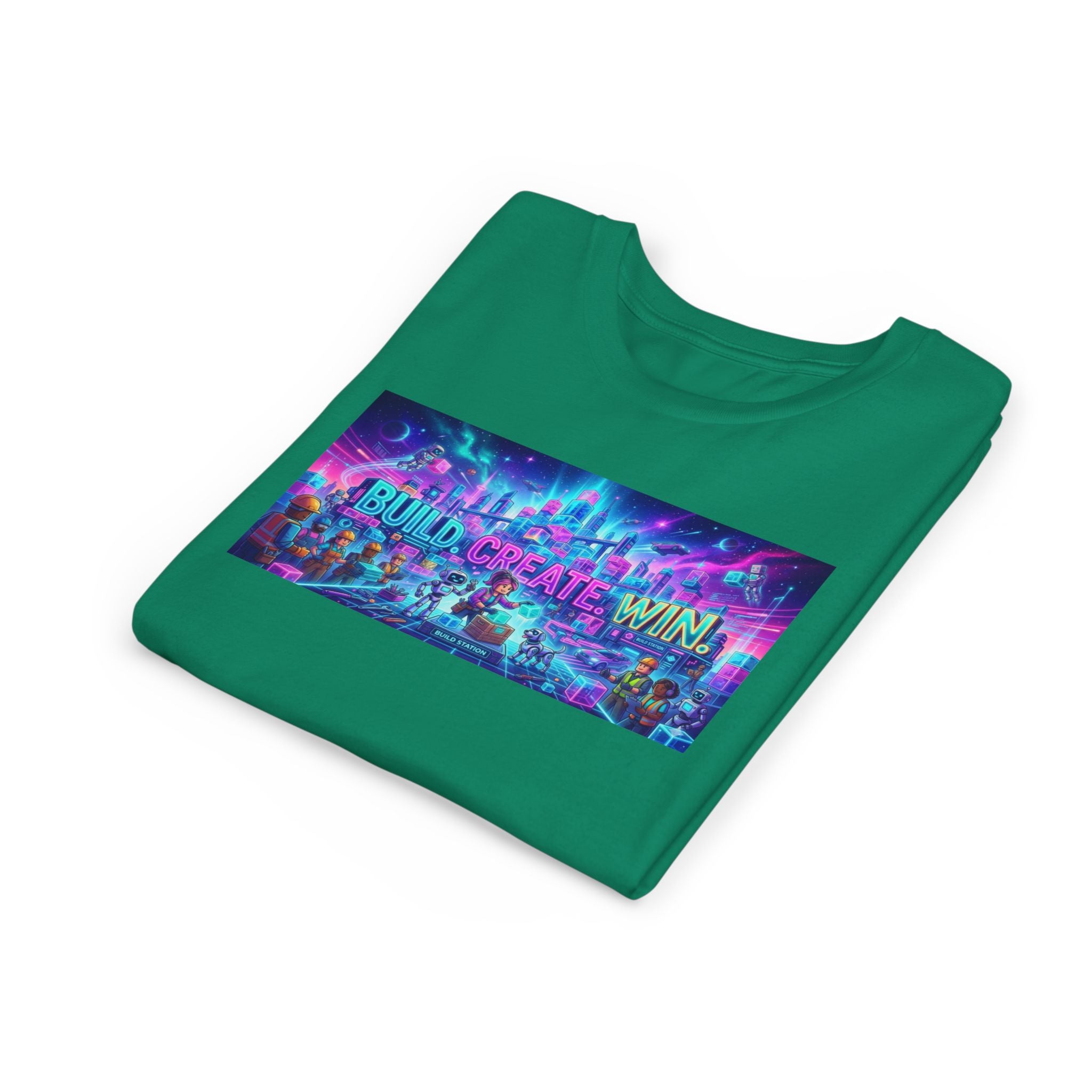 Youth Tee — “BUILD. CREATE. WIN.” Neon Builder City Design