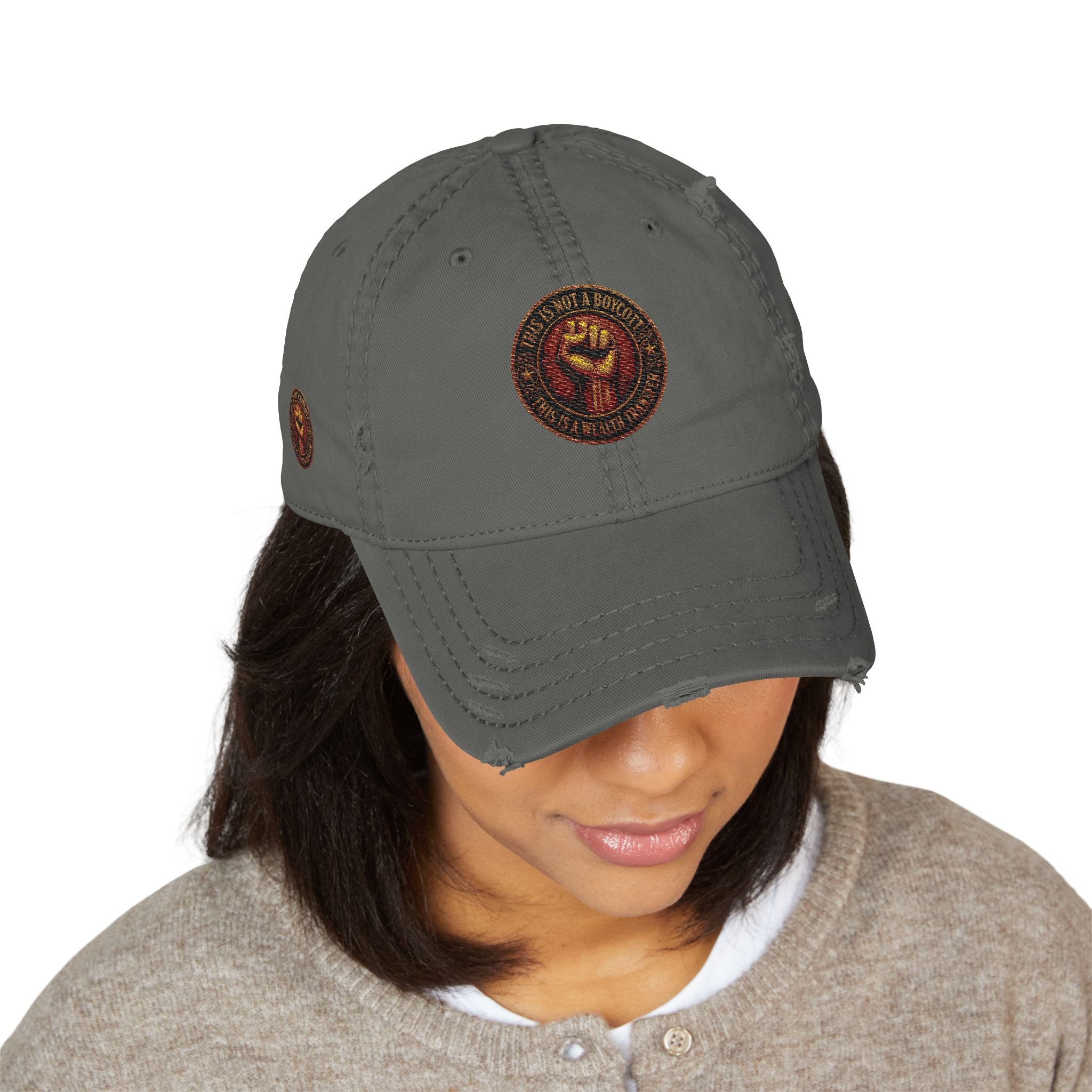 Distressed Embroidered Dad Hat — Raised Fist Patch Vintage Baseball Cap