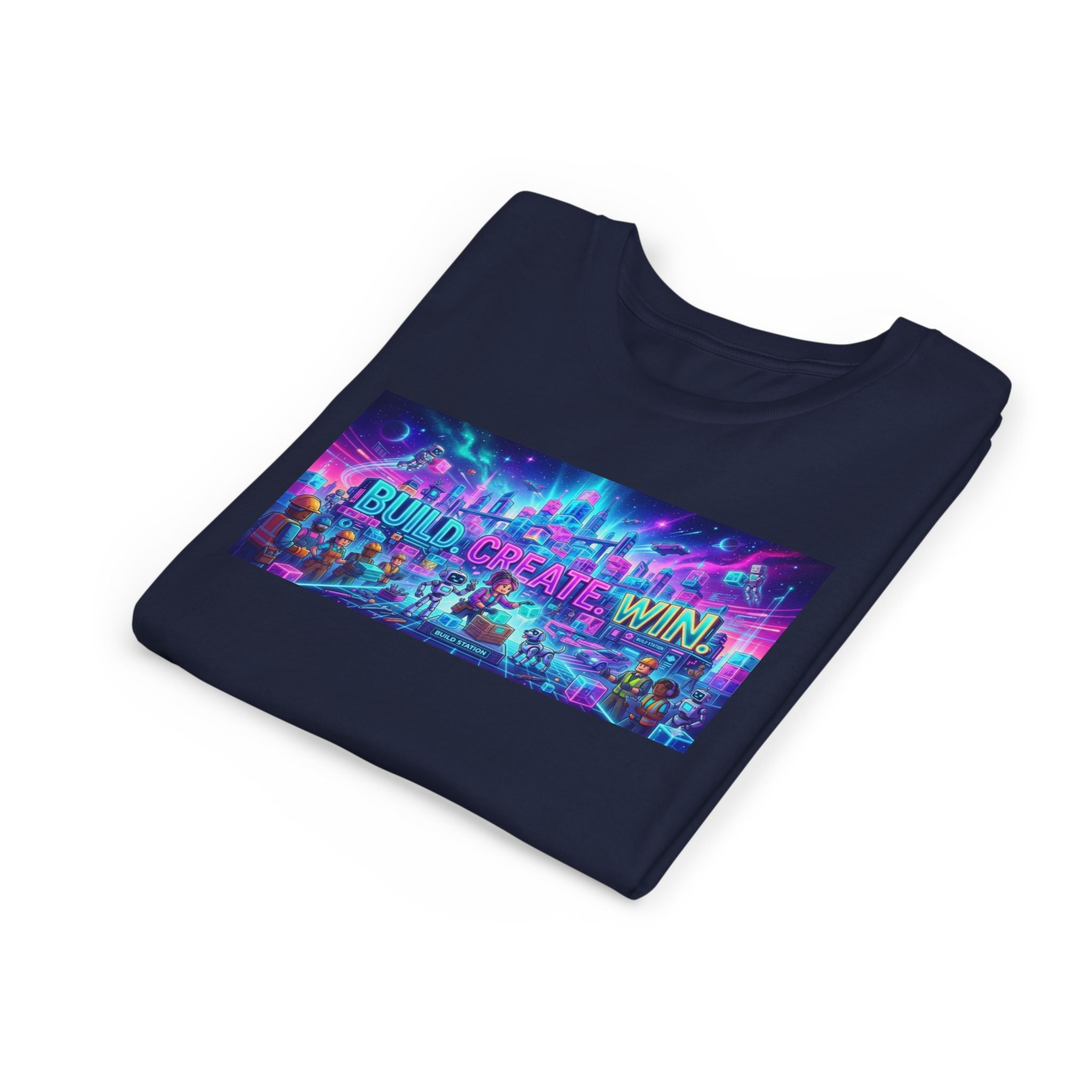 Youth Tee — “BUILD. CREATE. WIN.” Neon Builder City Design