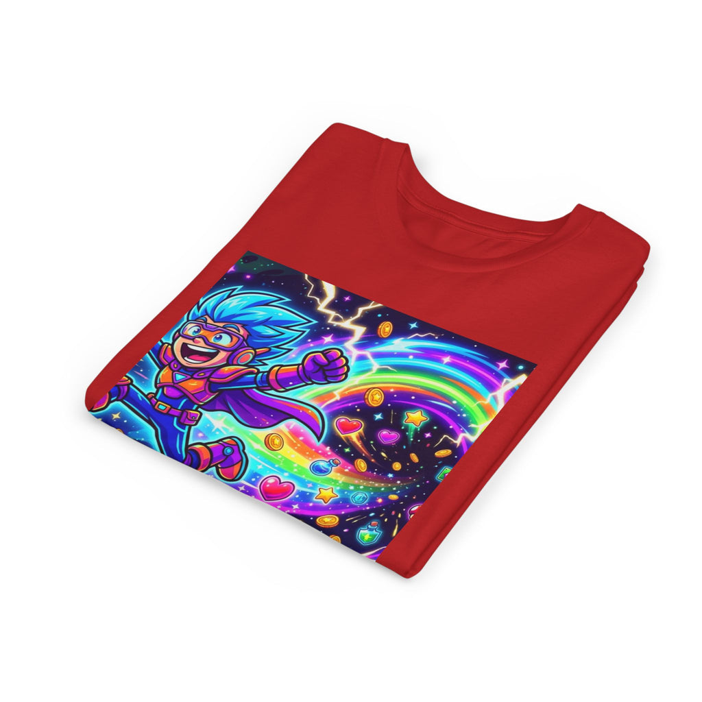 Retro Pixel Explosion Youth Tee — Smiling Avatar, Hearts, Gems & Controllers
