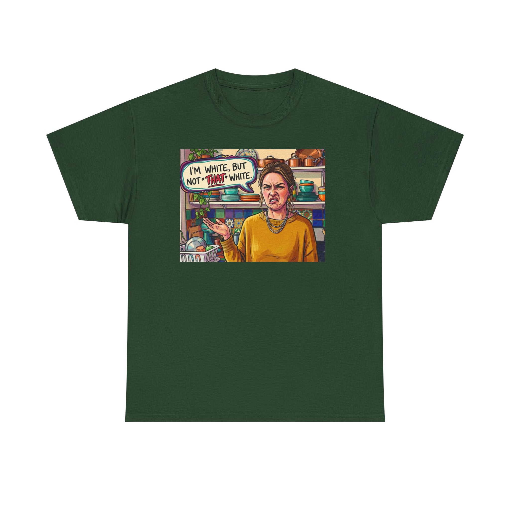 Graphic Tee — "I'm White, But Not THAT White" Illustration with Back Raised Fist Logo
