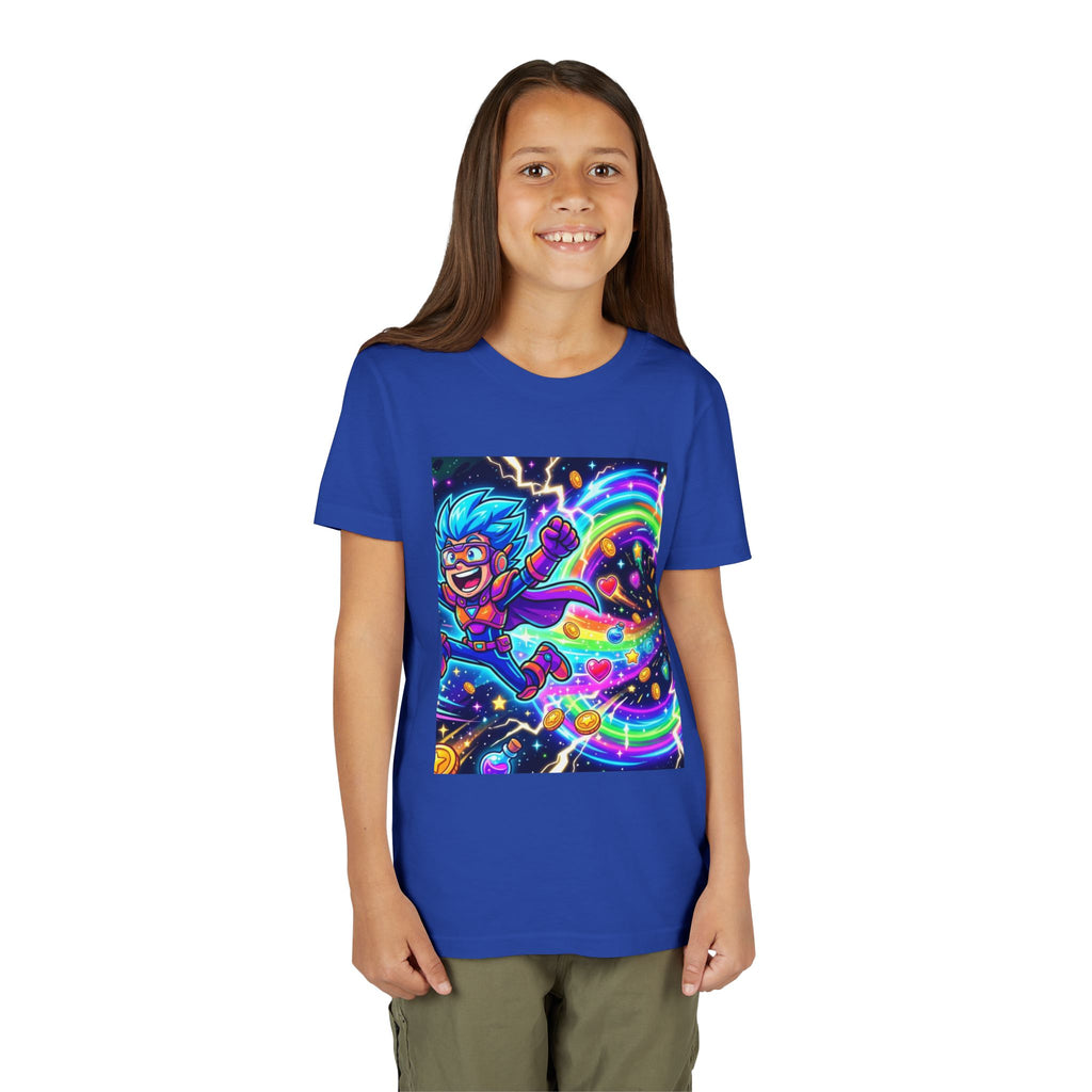 Retro Pixel Explosion Youth Tee — Smiling Avatar, Hearts, Gems & Controllers