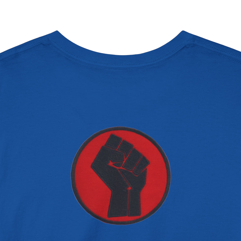 Basketball Jumpman Tee — Retro Skyline Graphic T-Shirt with Red Fist Back Emblem