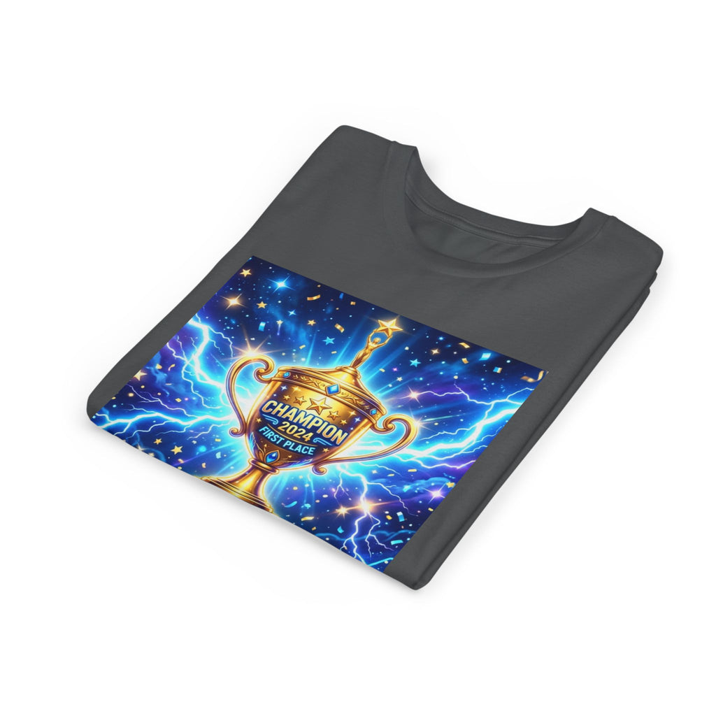 Youth Trophy Lightning Tee — Winning Kids' Short Sleeve Shirt with Stars & Confetti