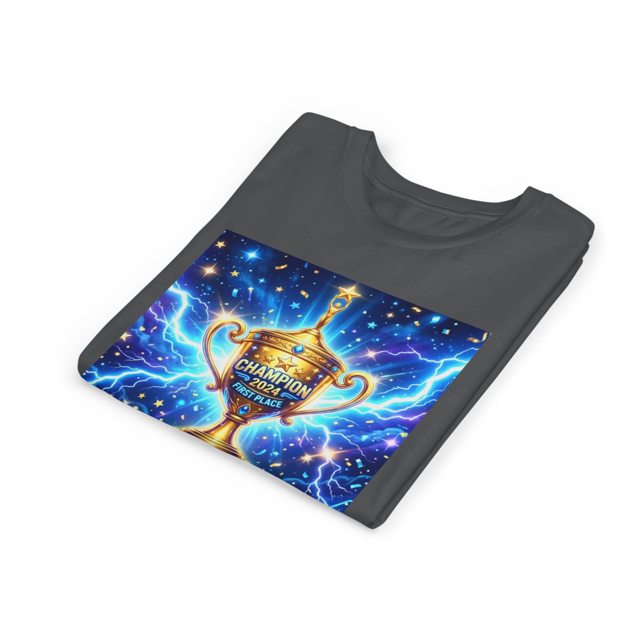Youth Trophy Lightning Tee — Winning Kids' Short Sleeve Shirt with Stars & Confetti