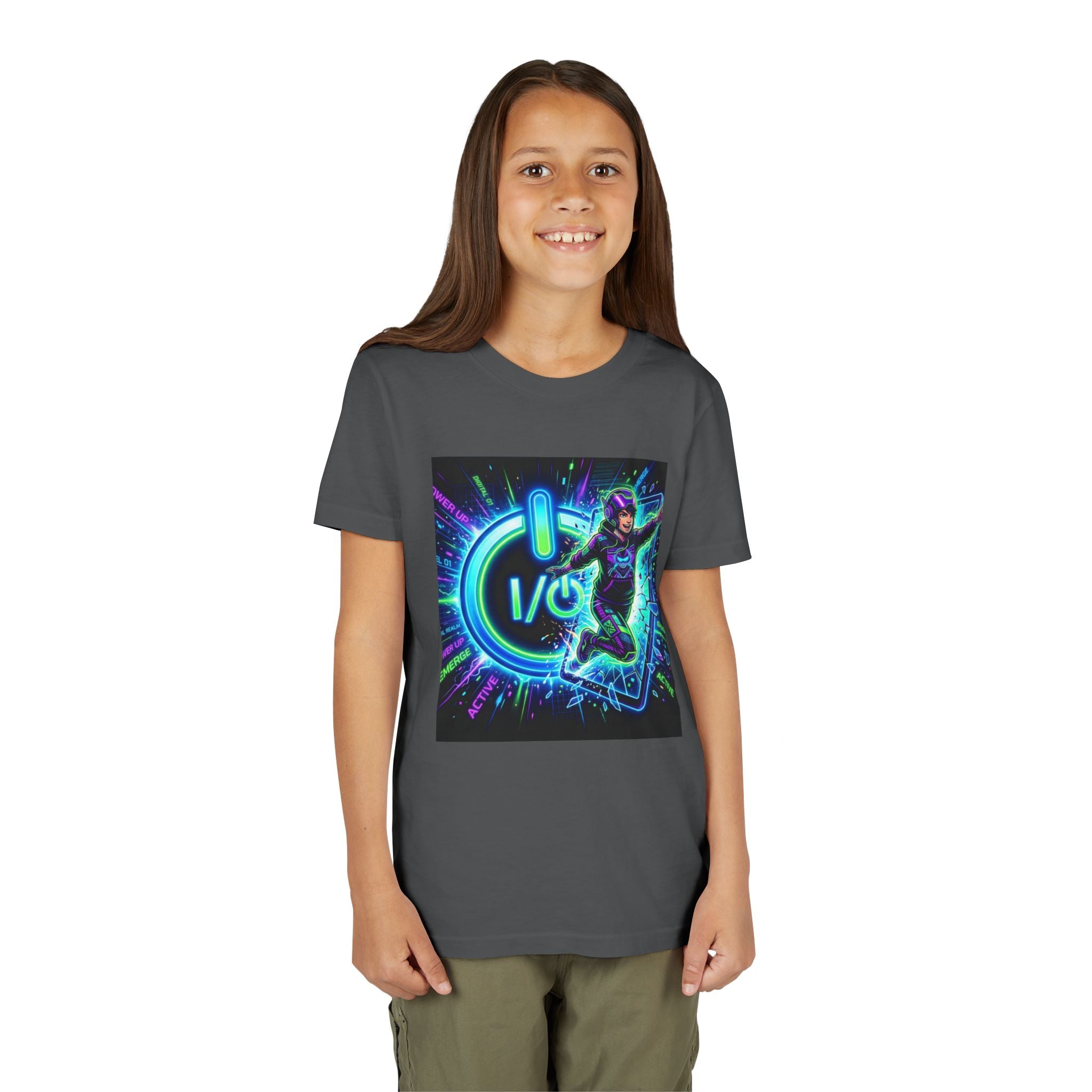 Neon Power Button Tee — Gamer Screen Escape Youth T-Shirt