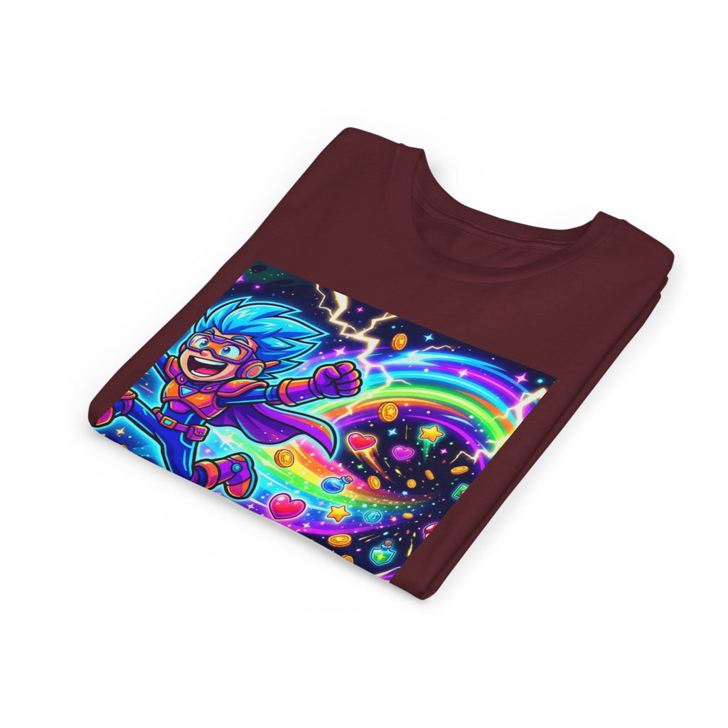 Retro Pixel Explosion Youth Tee — Smiling Avatar, Hearts, Gems & Controllers