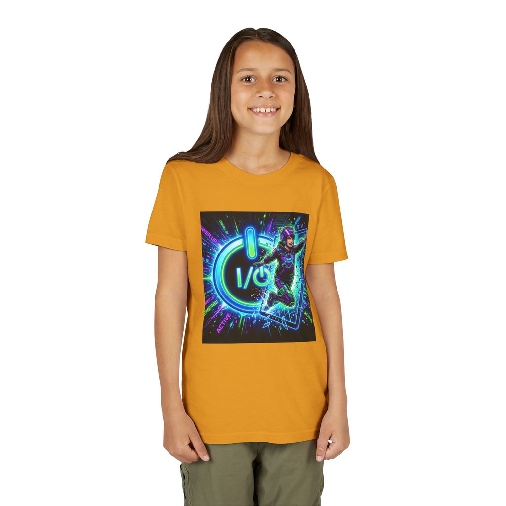 Neon Power Button Tee — Gamer Screen Escape Youth T-Shirt