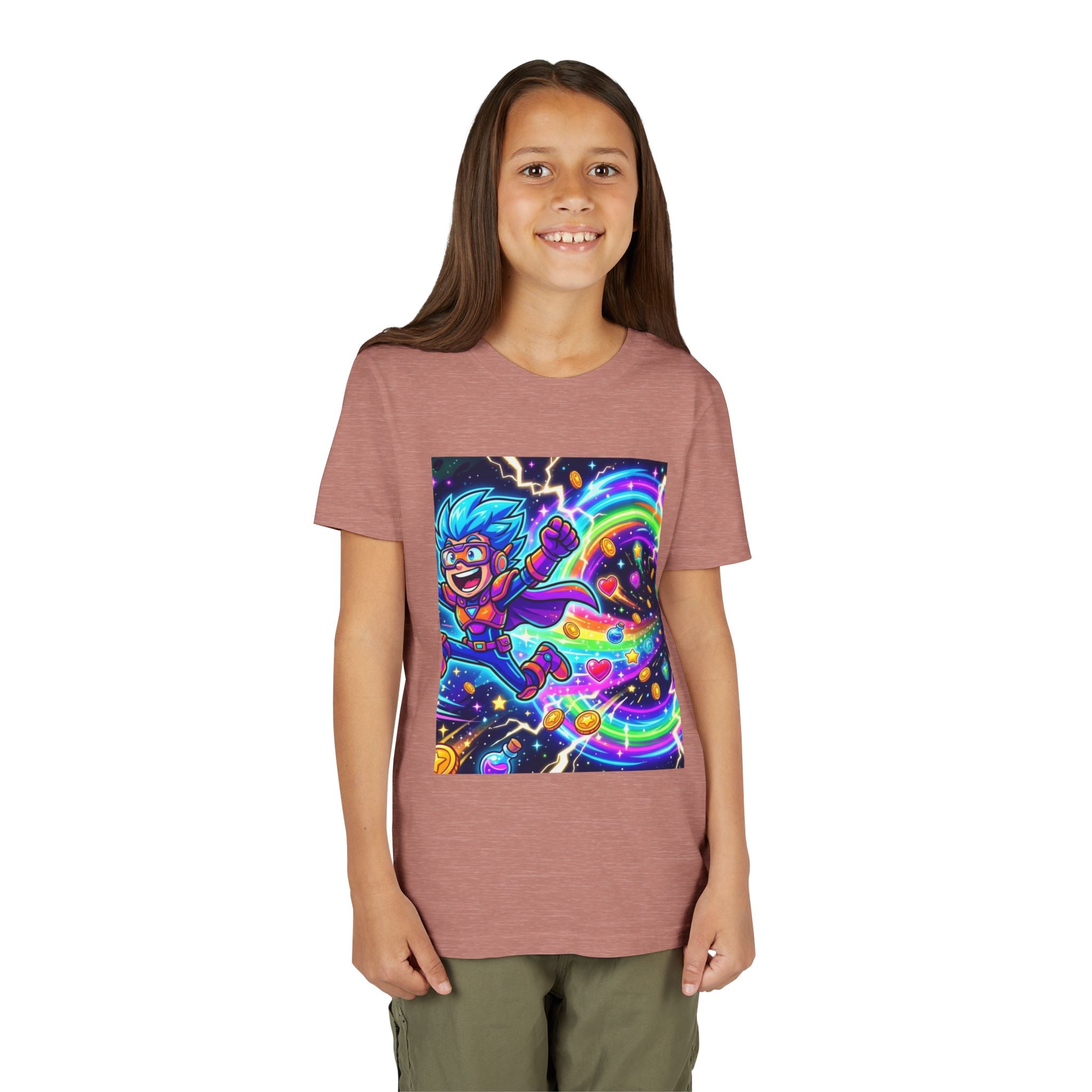 Retro Pixel Explosion Youth Tee — Smiling Avatar, Hearts, Gems & Controllers