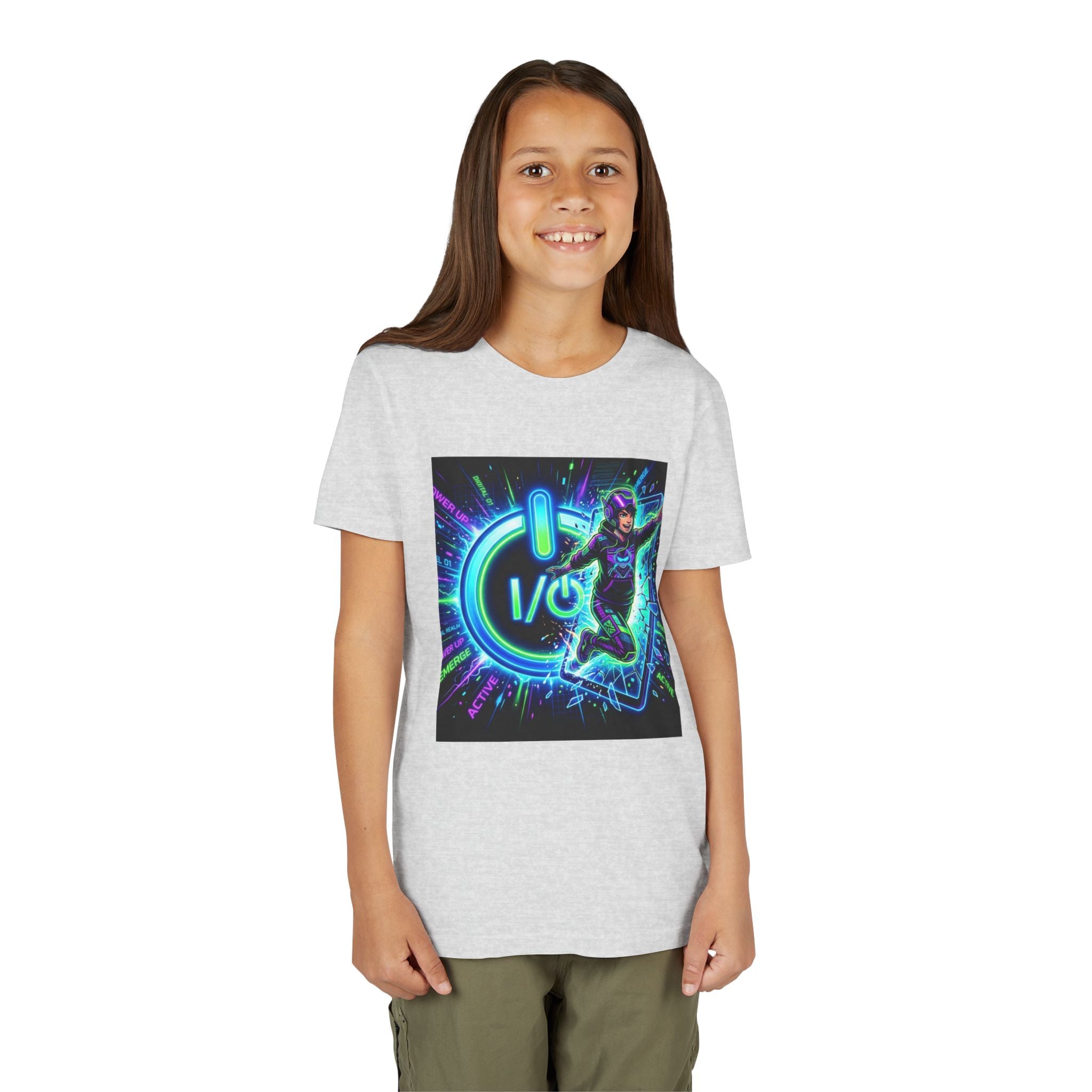 Neon Power Button Tee — Gamer Screen Escape Youth T-Shirt