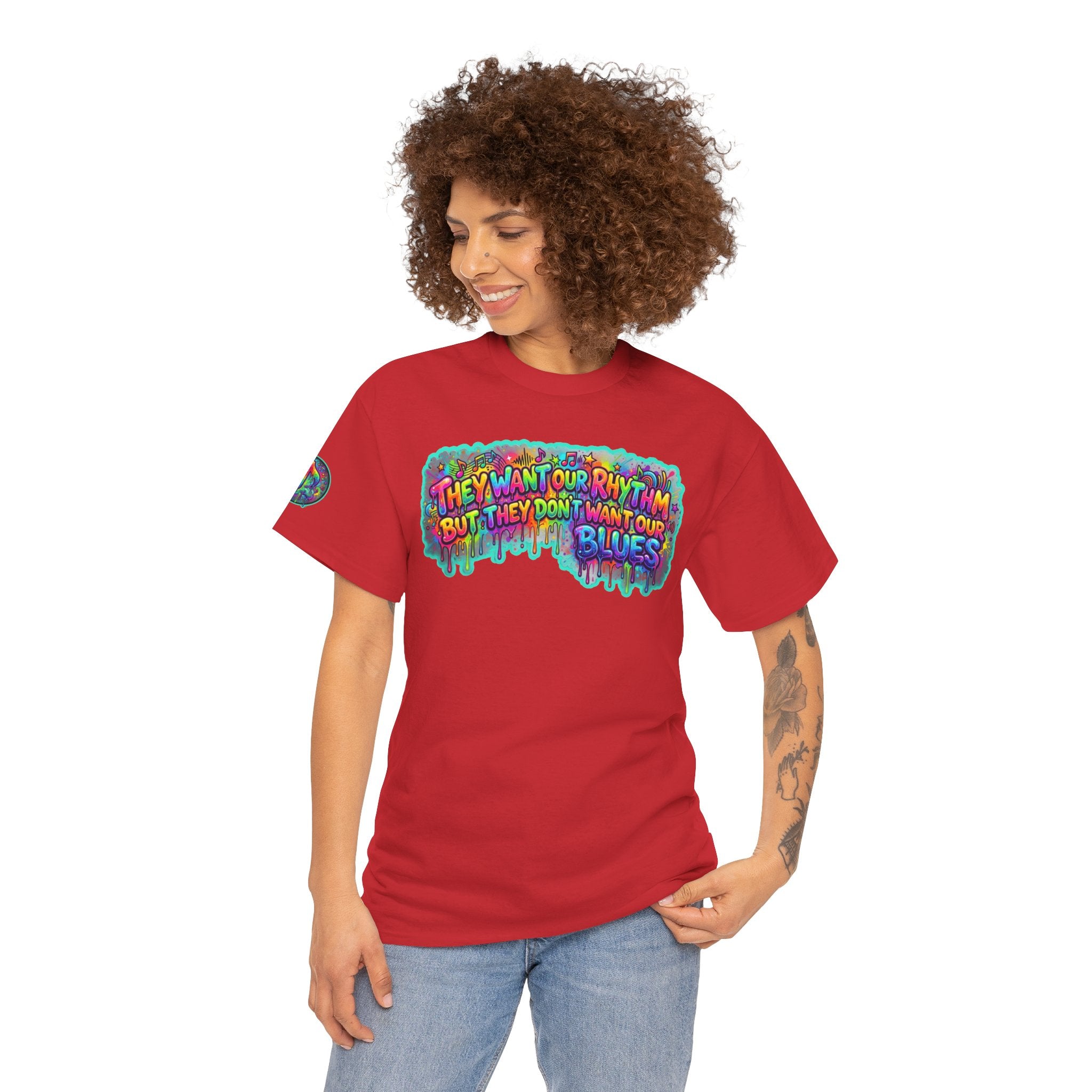 Music Vibes Tee — “They Want Our Rhythm But They Don’t Want Our Blues” Psychedelic Drip Note T-Shirt