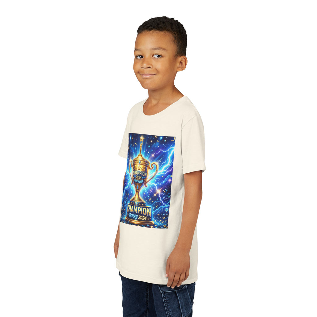 Youth Trophy Lightning Tee — Winning Kids' Short Sleeve Shirt with Stars & Confetti