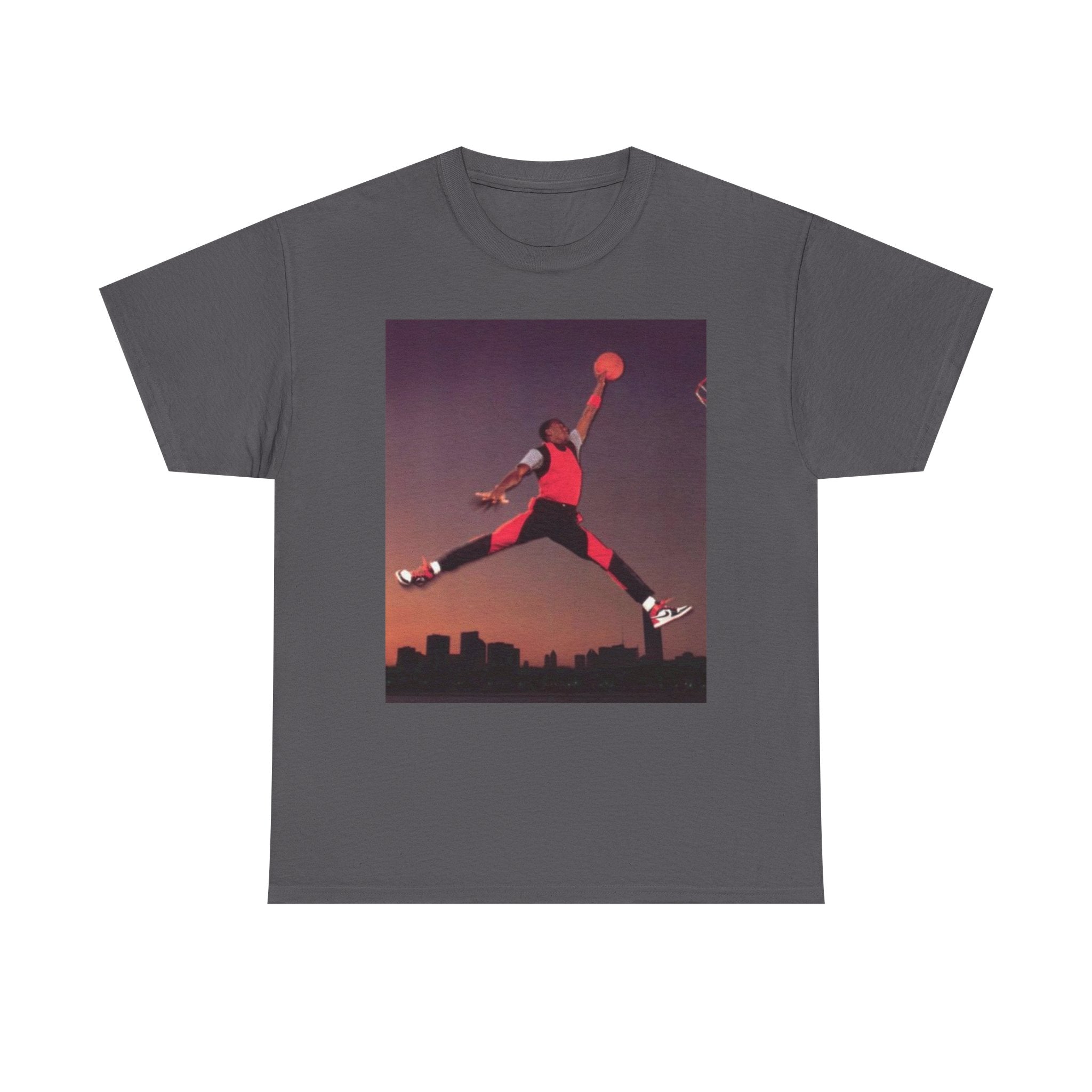 Basketball Jumpman Tee — Retro Skyline Graphic T-Shirt with Red Fist Back Emblem