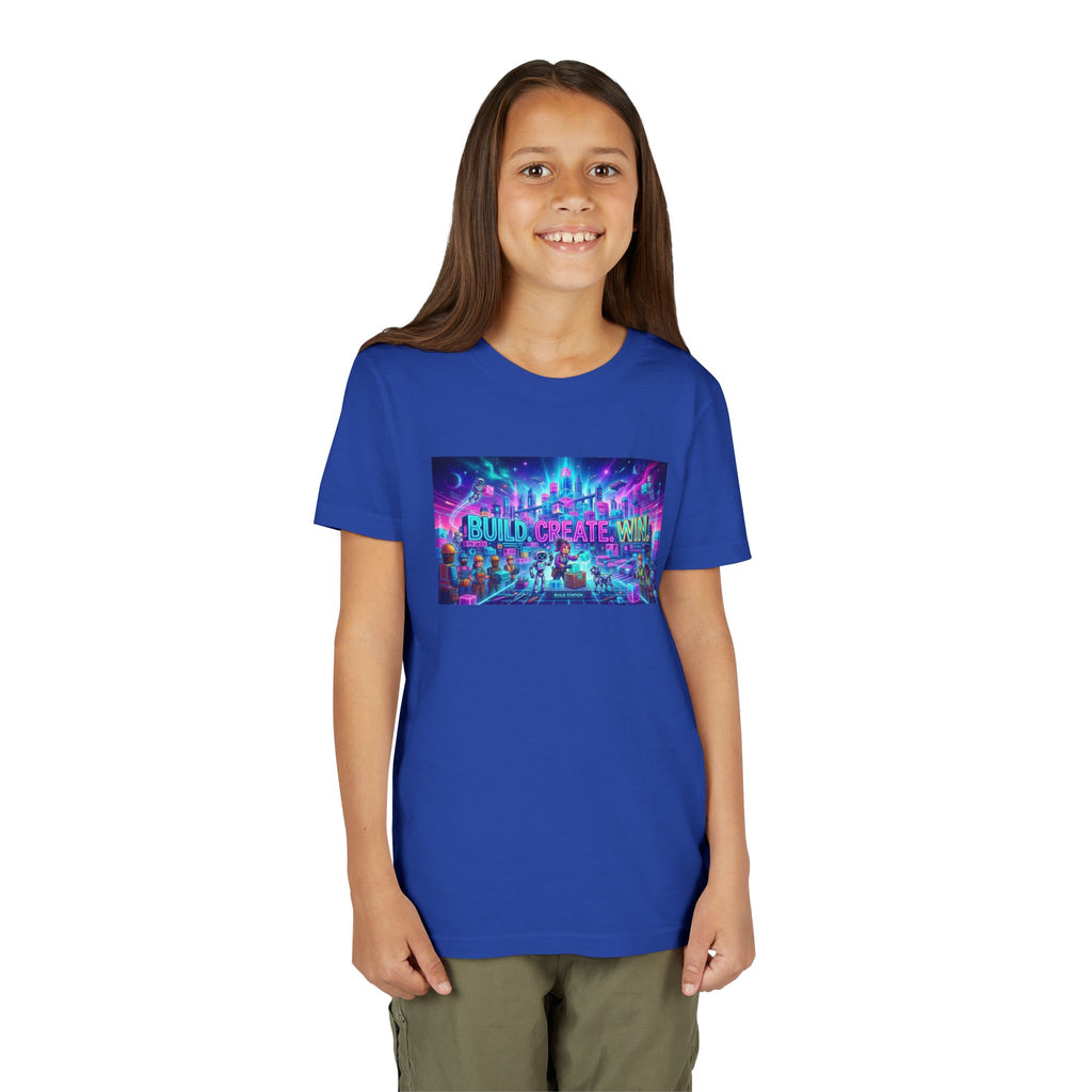 Youth Tee — “BUILD. CREATE. WIN.” Neon Builder City Design